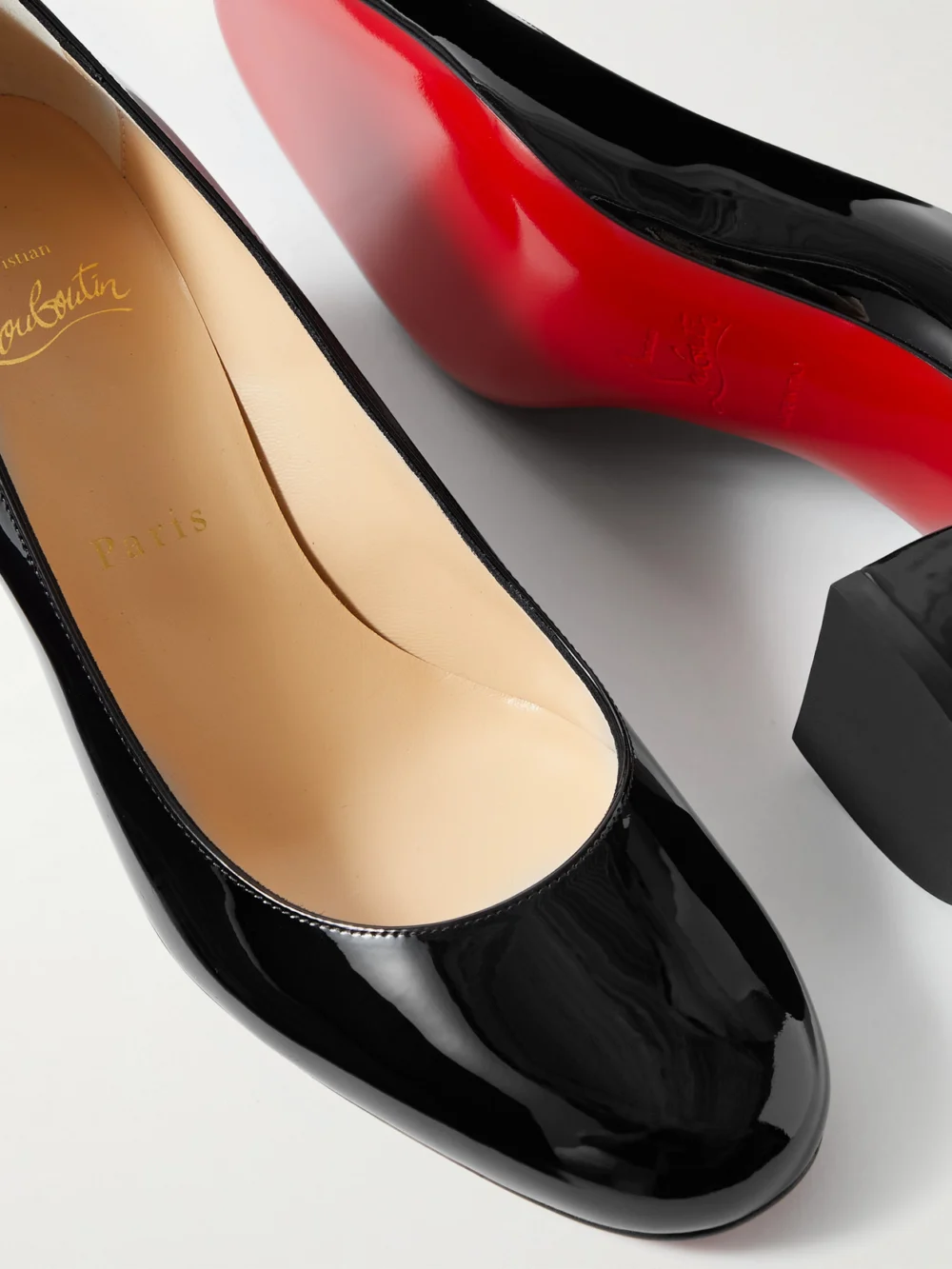 Close-up detail of the Christian Louboutin Miss Sab 55 Patent-leather Pumps