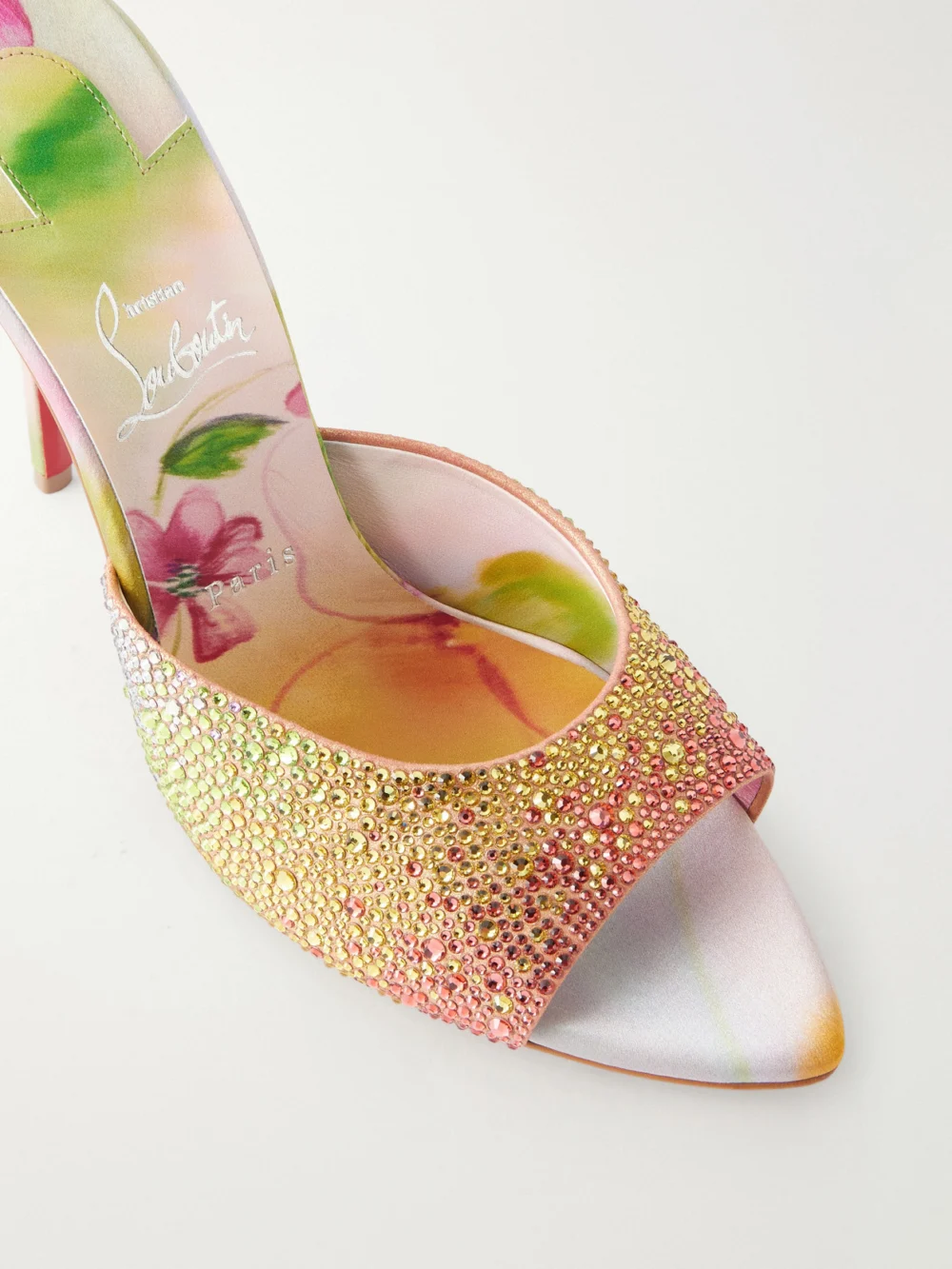 Close-up detail of the Christian Louboutin Miss Z 100 Crystal-embellished Satin Mules