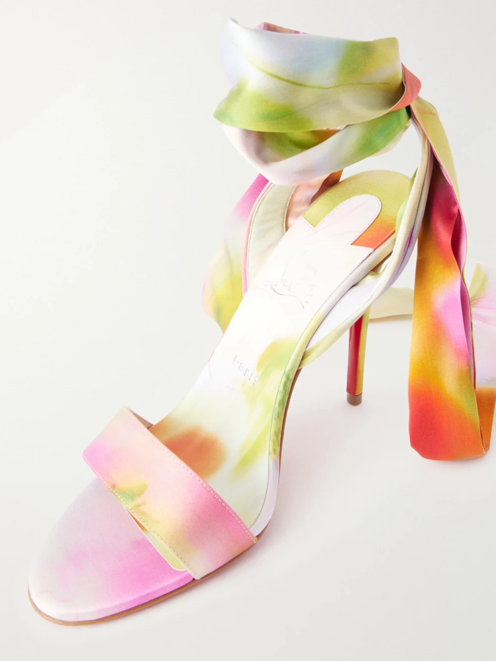 Close-up detail of the Christian Louboutin Miss Z 100 Printed Satin Sandals