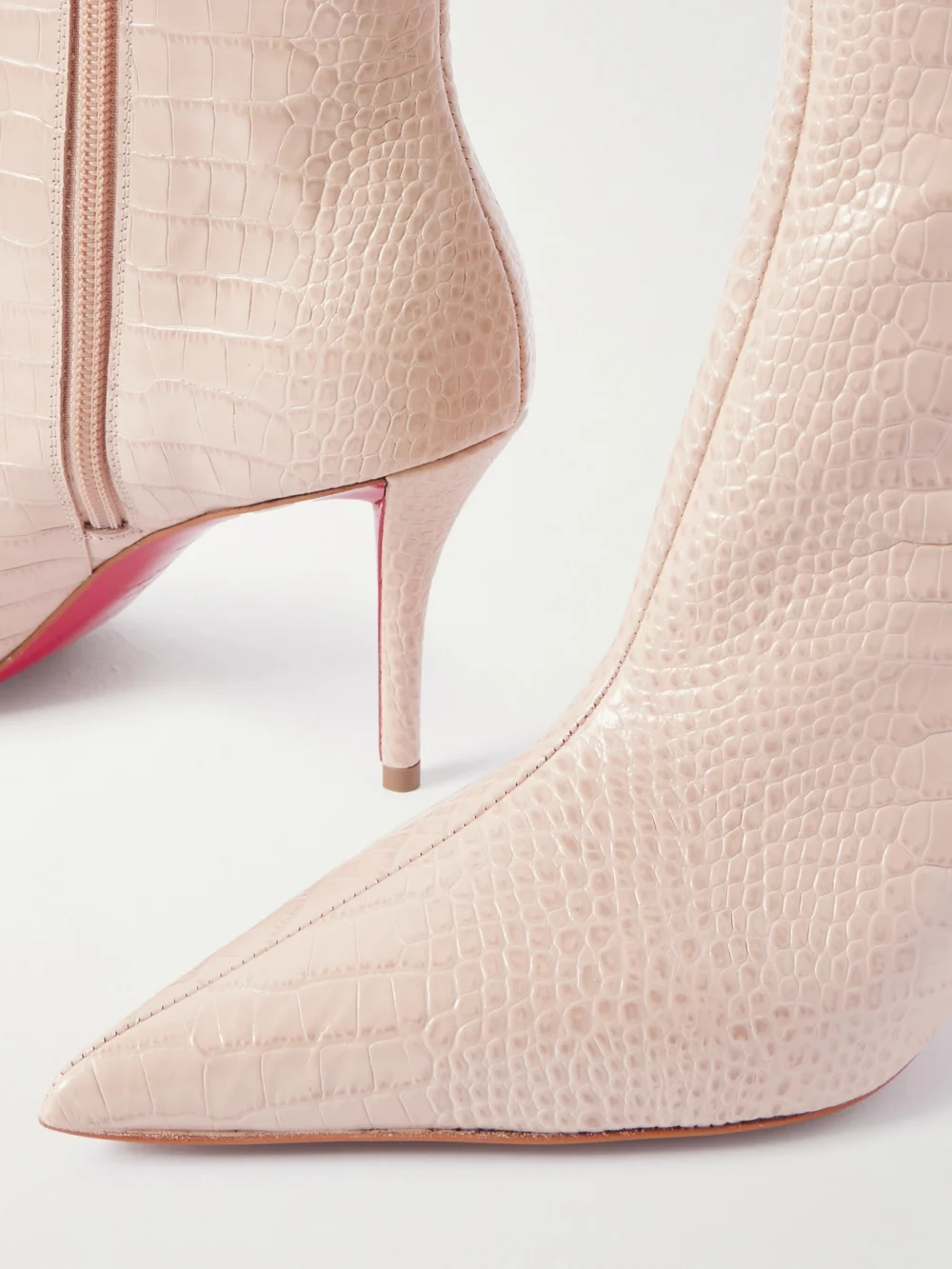 Close-up detail of the Christian Louboutin Miss Z 80 Croc-effect Leather Ankle Boots