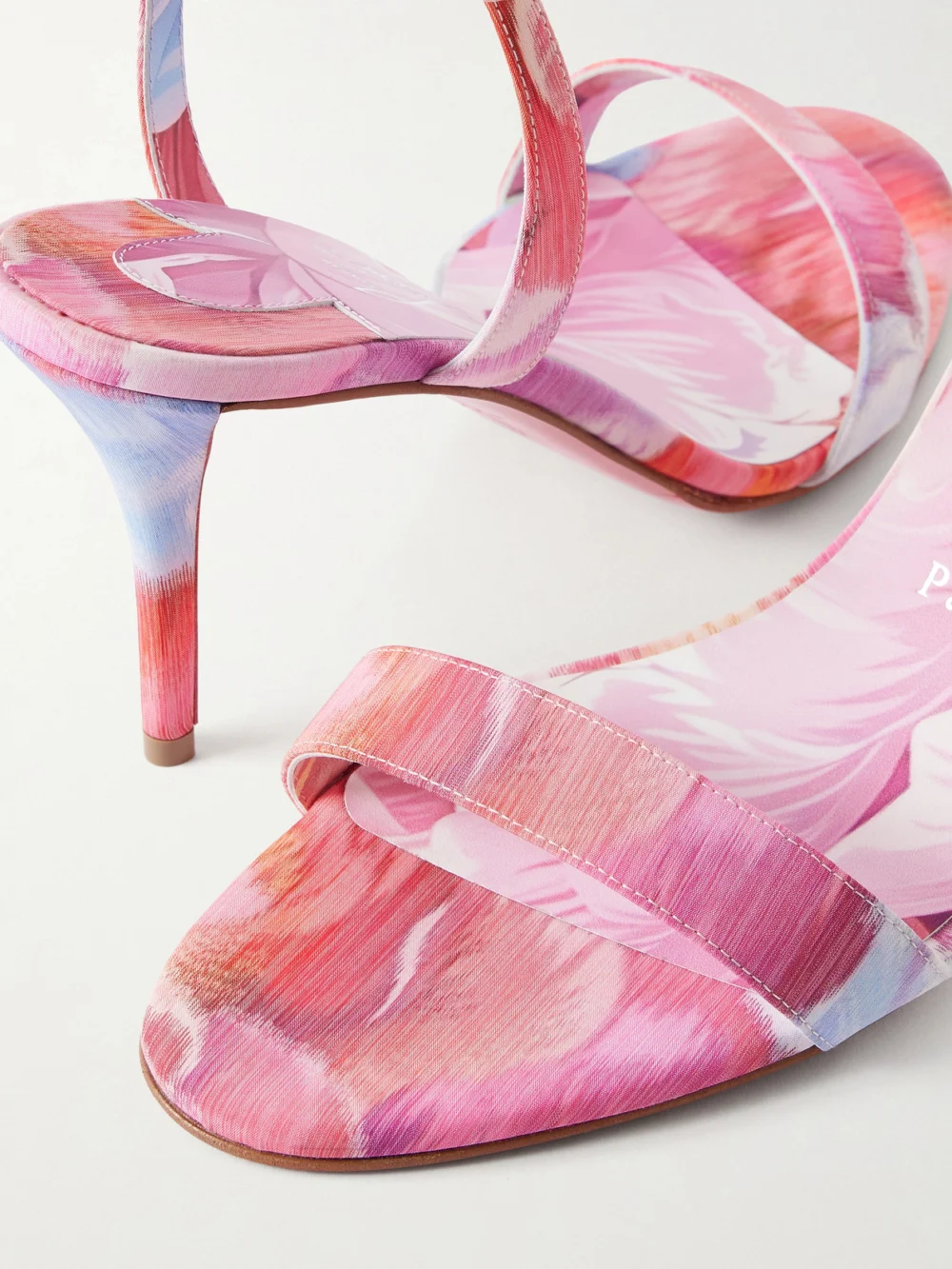 Close-up detail of the Christian Louboutin Miss Z 80 Floral-print Crepe De Chine Sandals