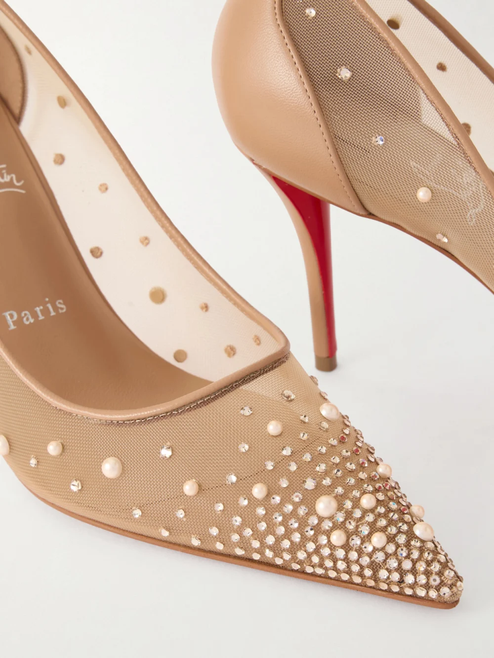Close-up detail of the Christian Louboutin Miss Z 80 Leather-trimmed Embellished Mesh Pumps