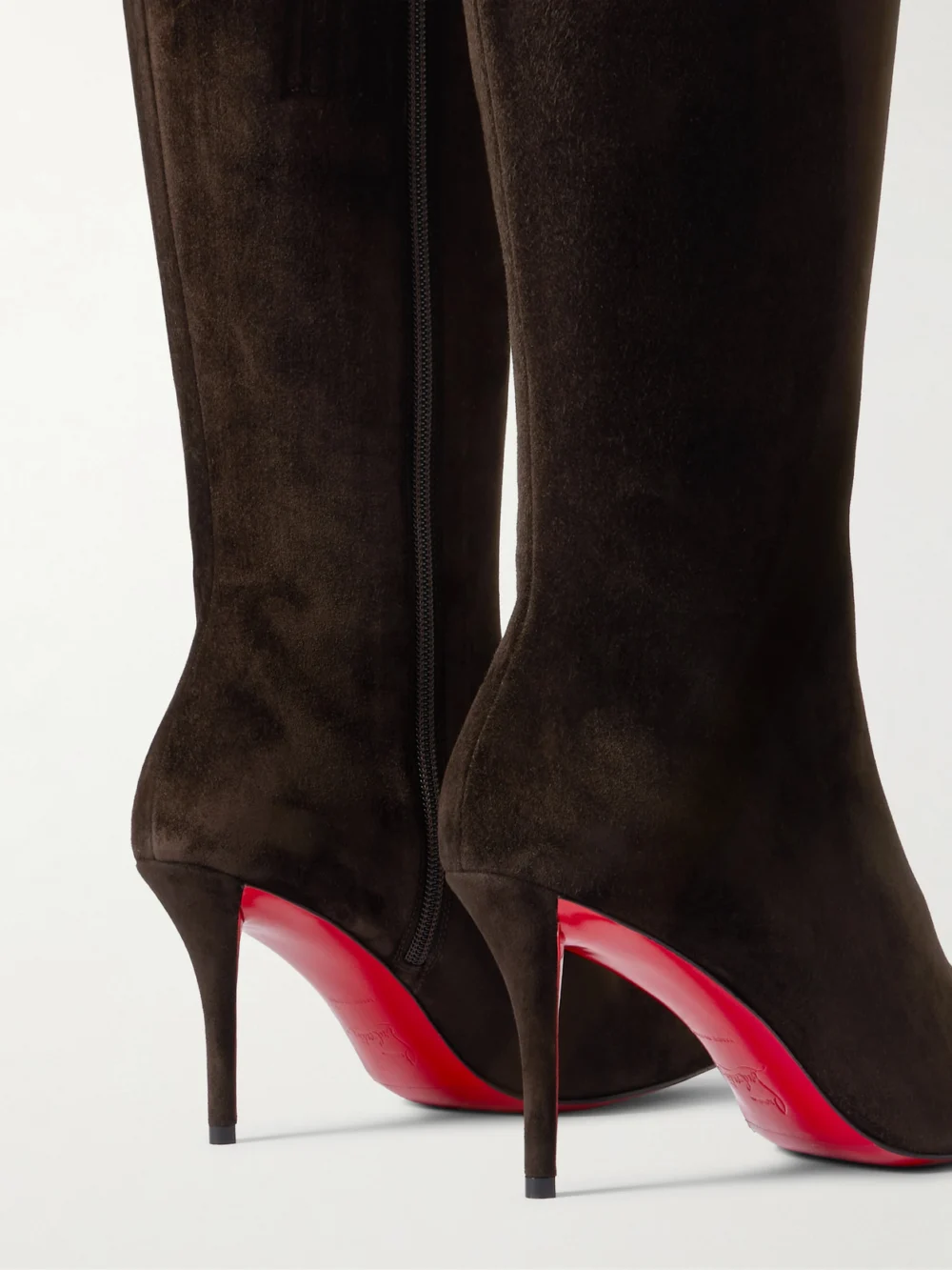 Close-up detail of the Christian Louboutin Miss Z 80 Suede Knee Boots