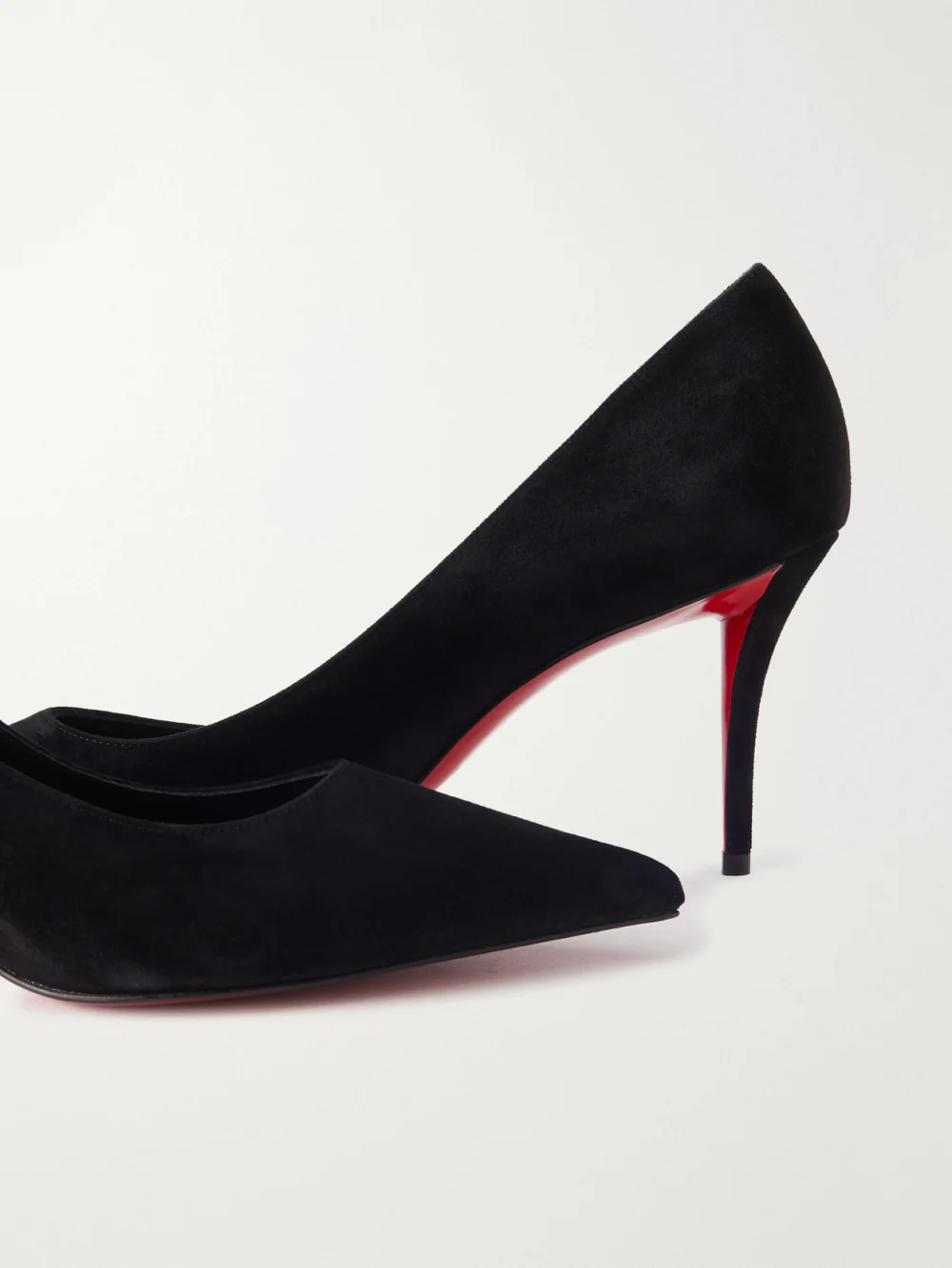Close-up detail of the Christian Louboutin Miss Z 80 Suede Pumps