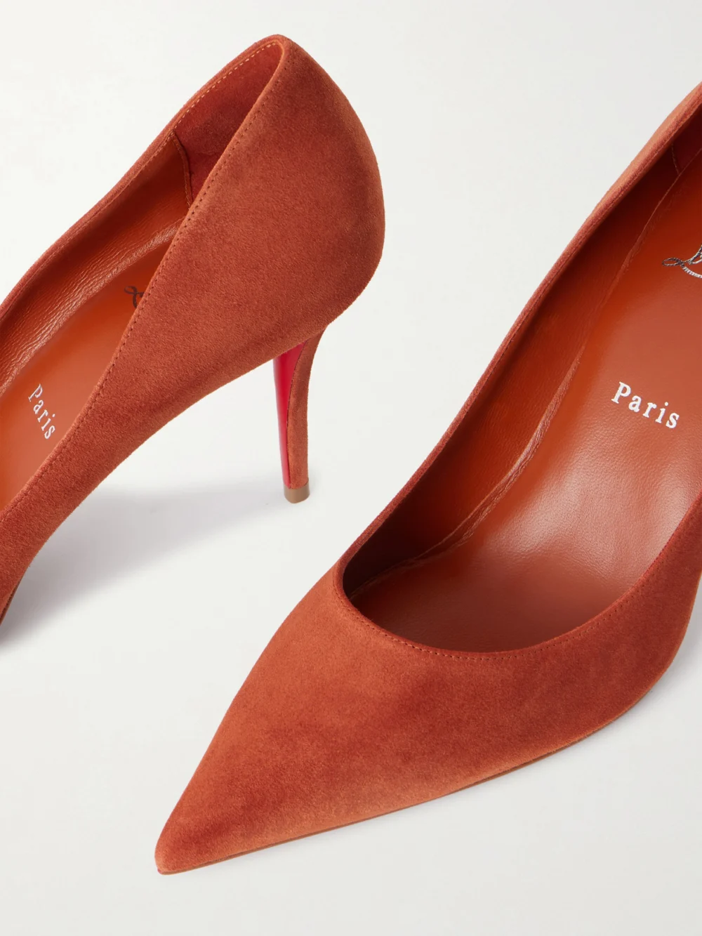 Close-up detail of the Christian Louboutin Miss Z 80 Suede Pumps