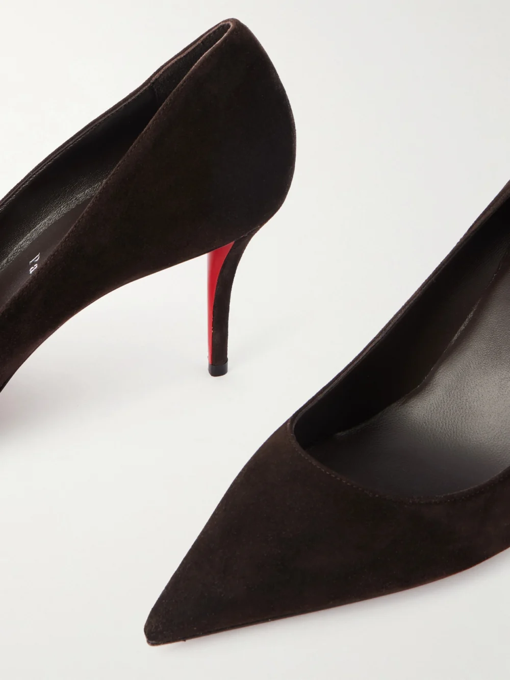 Close-up detail of the Christian Louboutin Miss Z 80 Suede Pumps