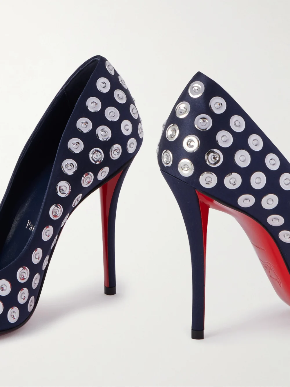 Close-up detail of the Christian Louboutin Miss Z Boum Boum 100 Embellished Satin-crepe Pumps