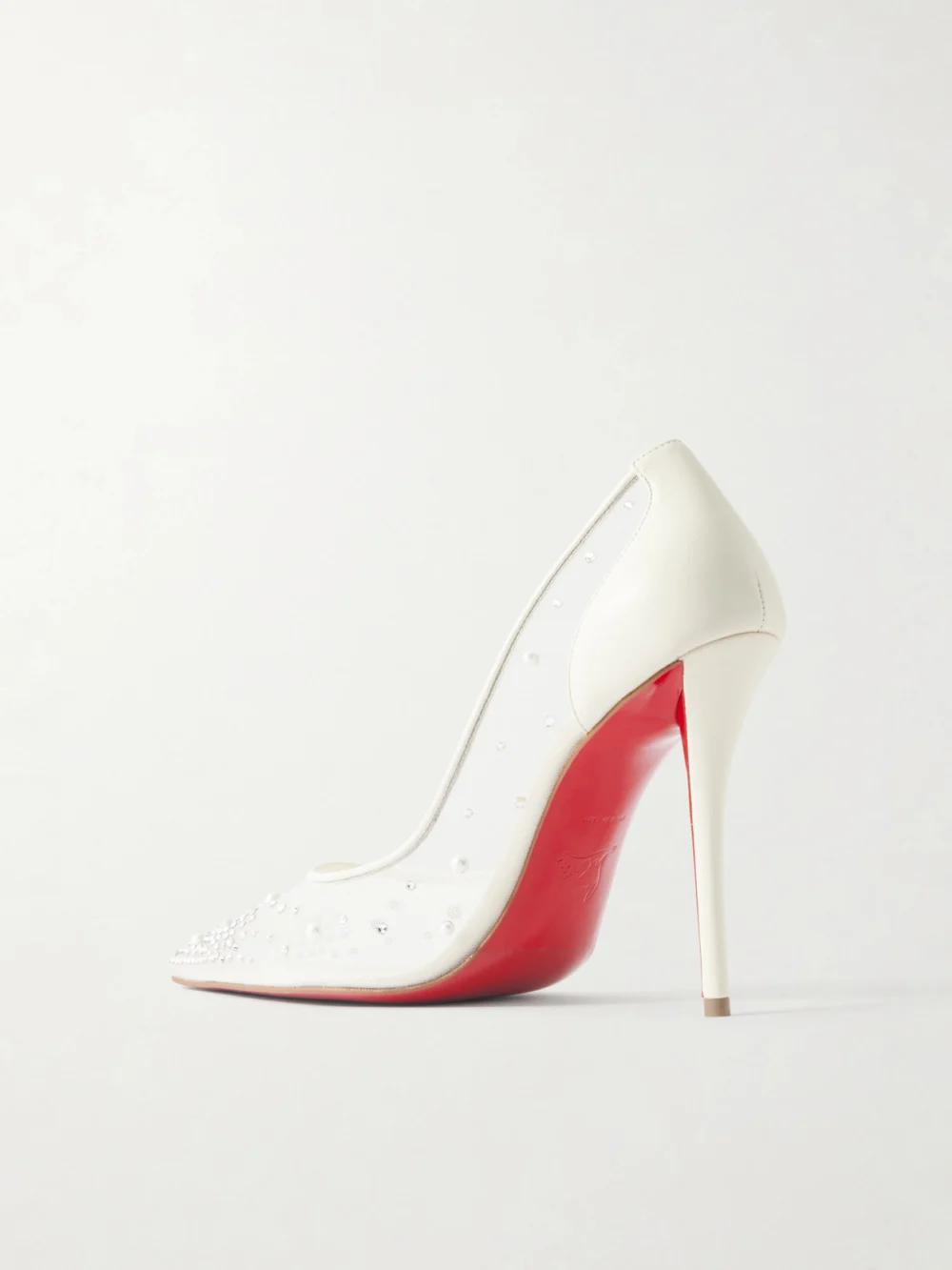 Back view of the Christian Louboutin Miss Z Degrastrass Perla 100 Embellished Leather-trimmed Mesh Pumps