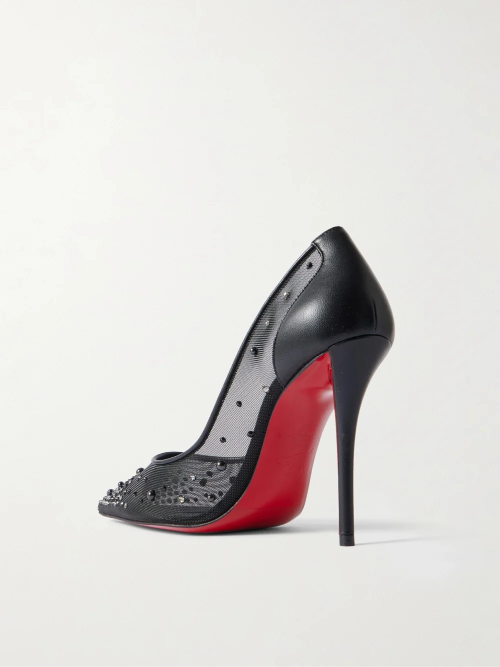 Back view of the Christian Louboutin Miss Z Degrastrass Perla 100 Leather-trimmed Mesh Pumps