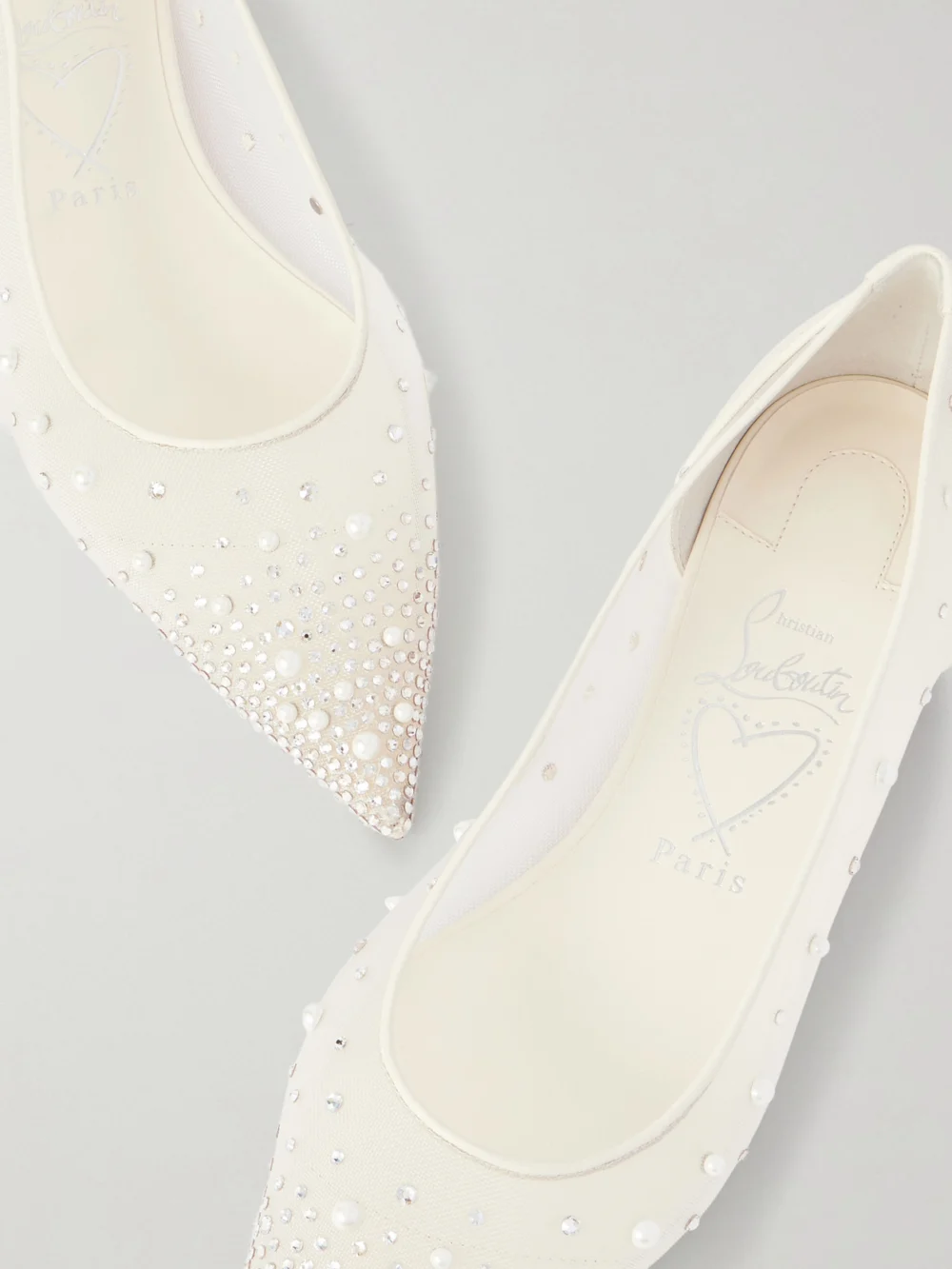 Close-up detail of the Christian Louboutin Miss Z Degrastrassina Leather-trimmed Embellished Mesh Point-toe Flats