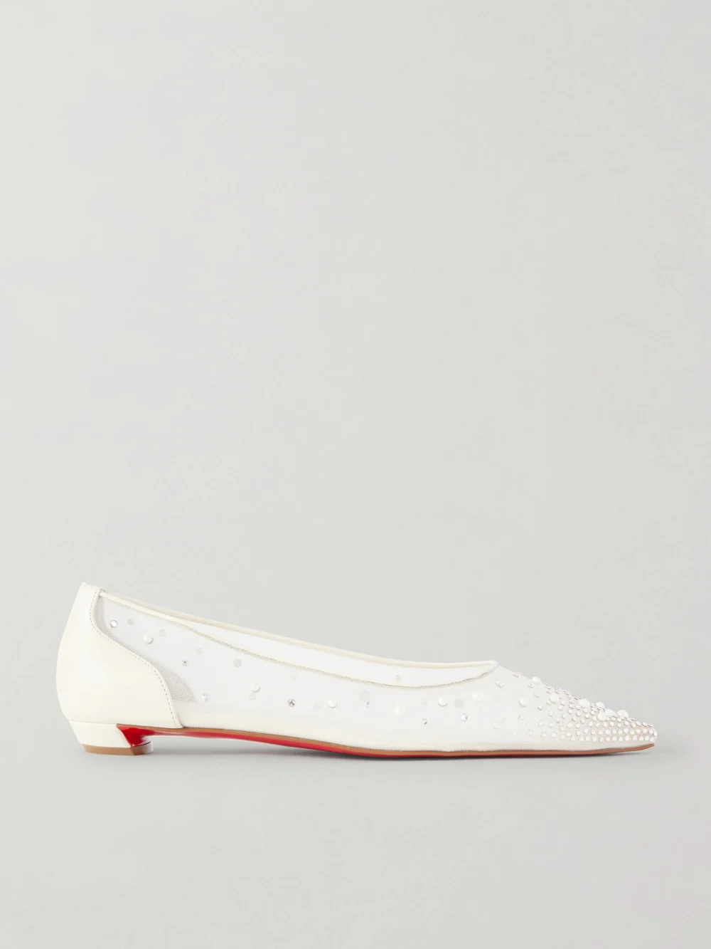 Christian Louboutin Miss Z Degrastrassina Leather-trimmed Embellished Mesh Point-toe Flats in white