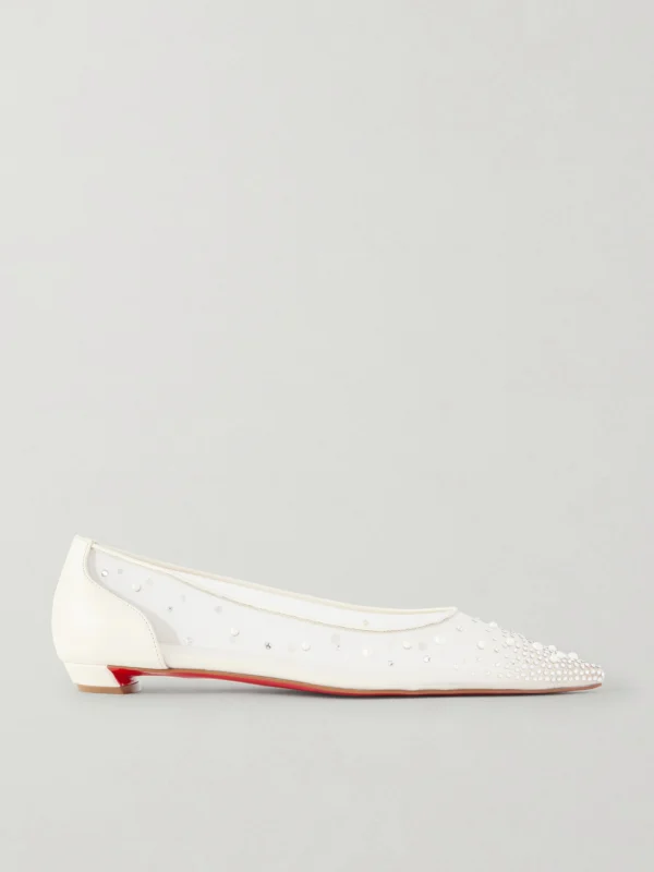 Christian Louboutin Miss Z Degrastrassina Leather-trimmed Embellished Mesh Point-toe Flats