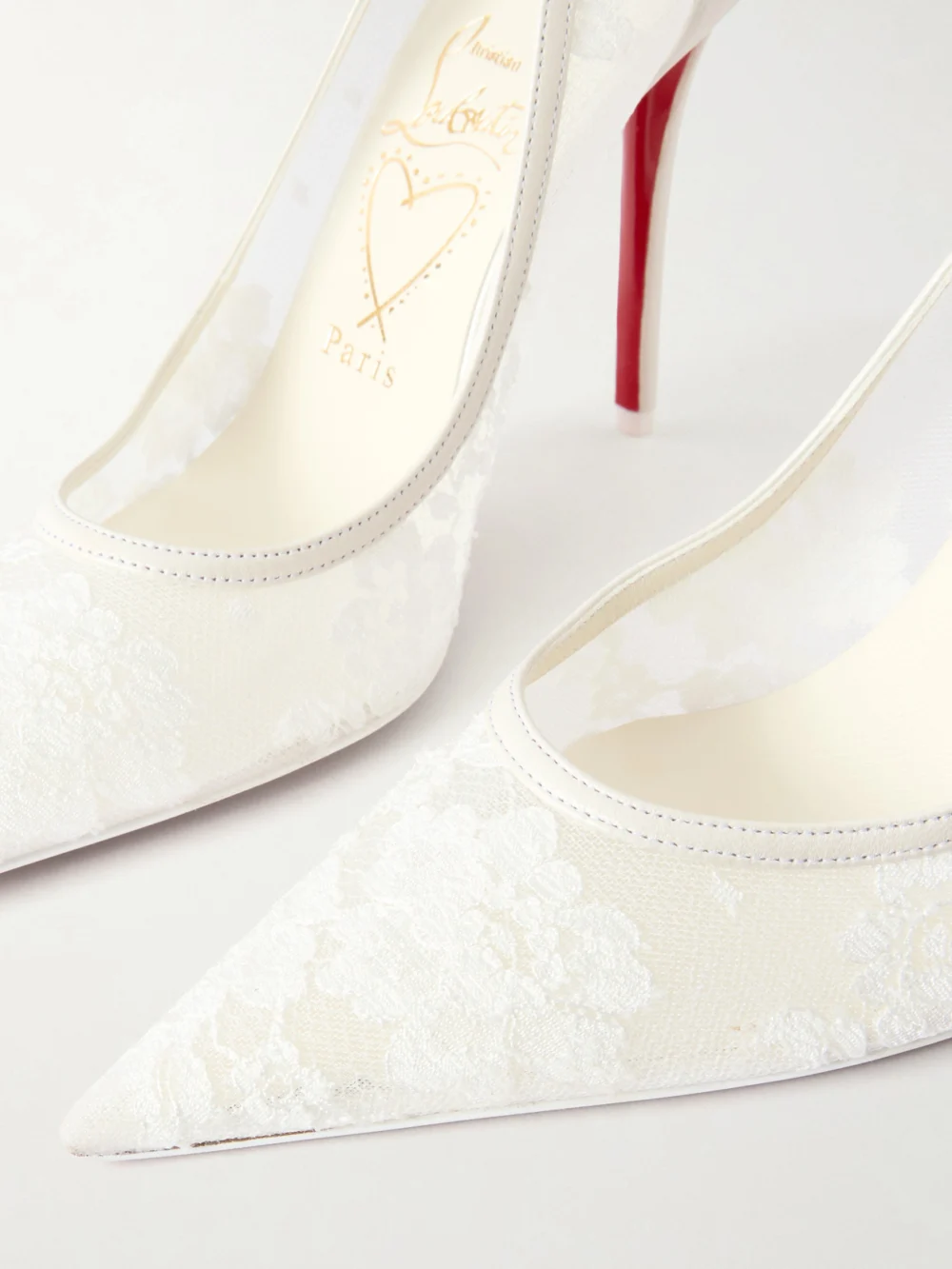 Close-up detail of the Christian Louboutin Miss Z Mesh 100 Lace Stiletto Heel Pumps