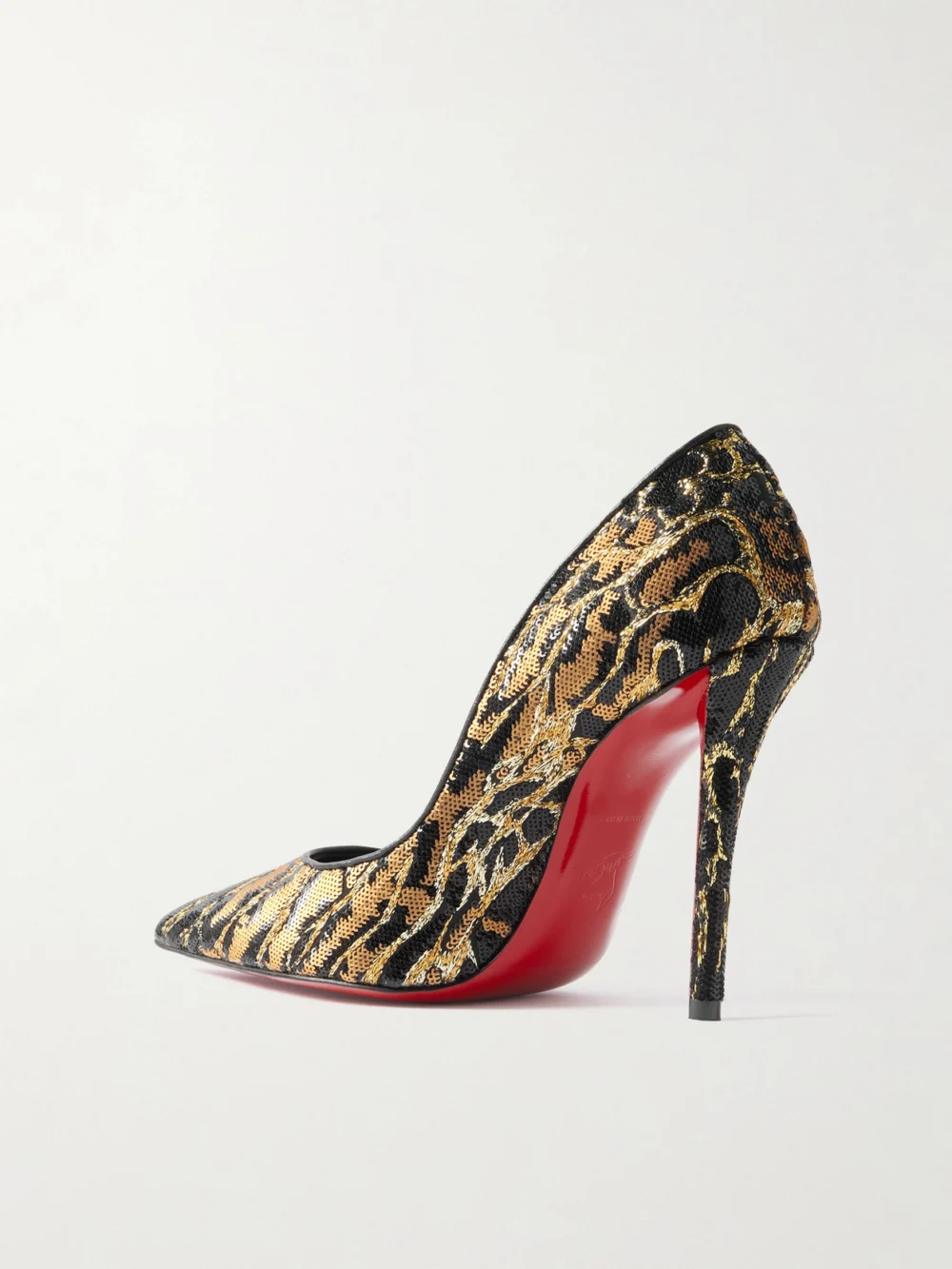 Back view of the Christian Louboutin Miss Z Ocelot 100 Lurex and Leather-trimmed Sequined Satin Pumps