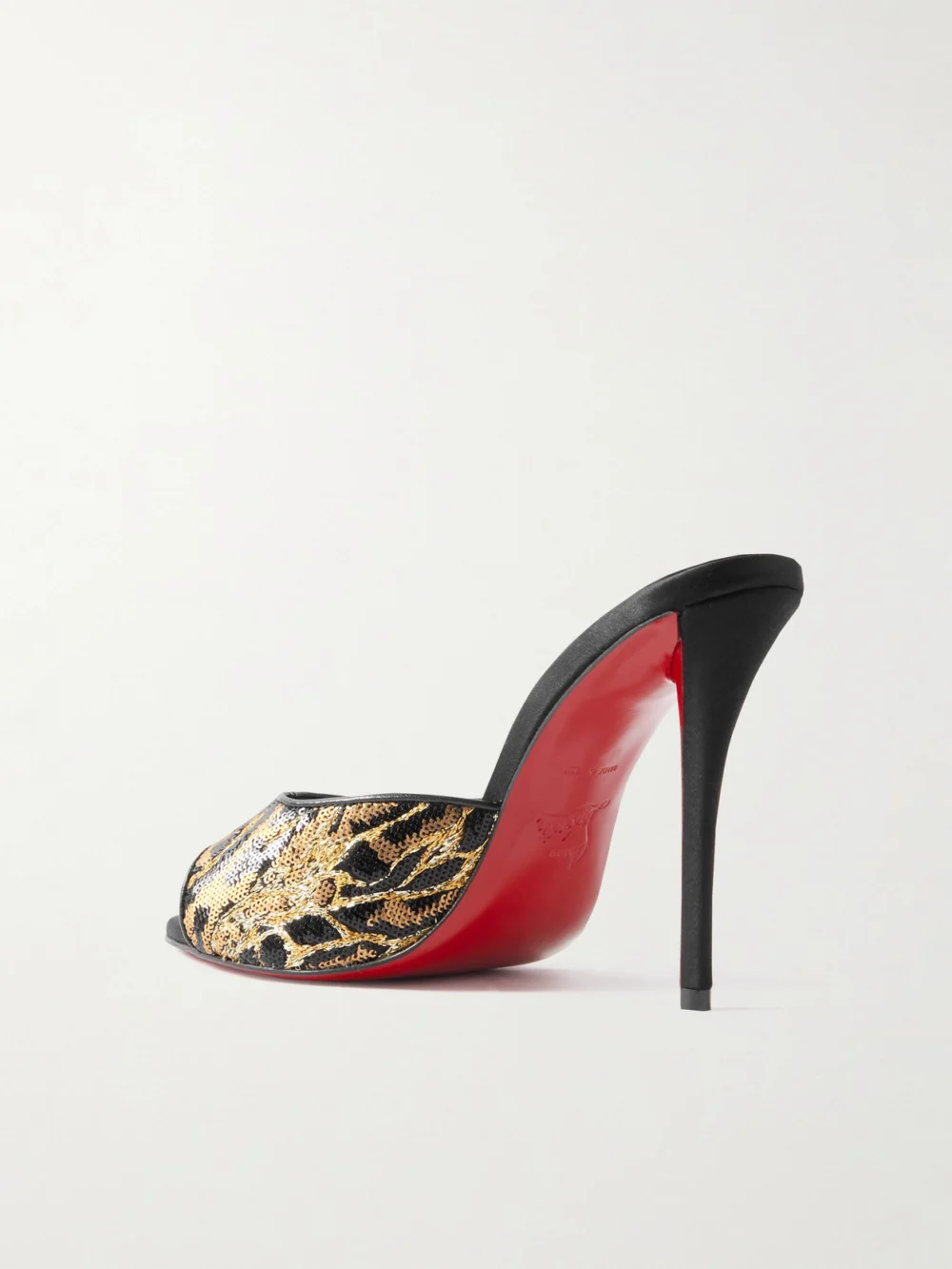 Back view of the Christian Louboutin Miss Z Ocelot Lurex and Leather-trimmed Sequined Satin Mules