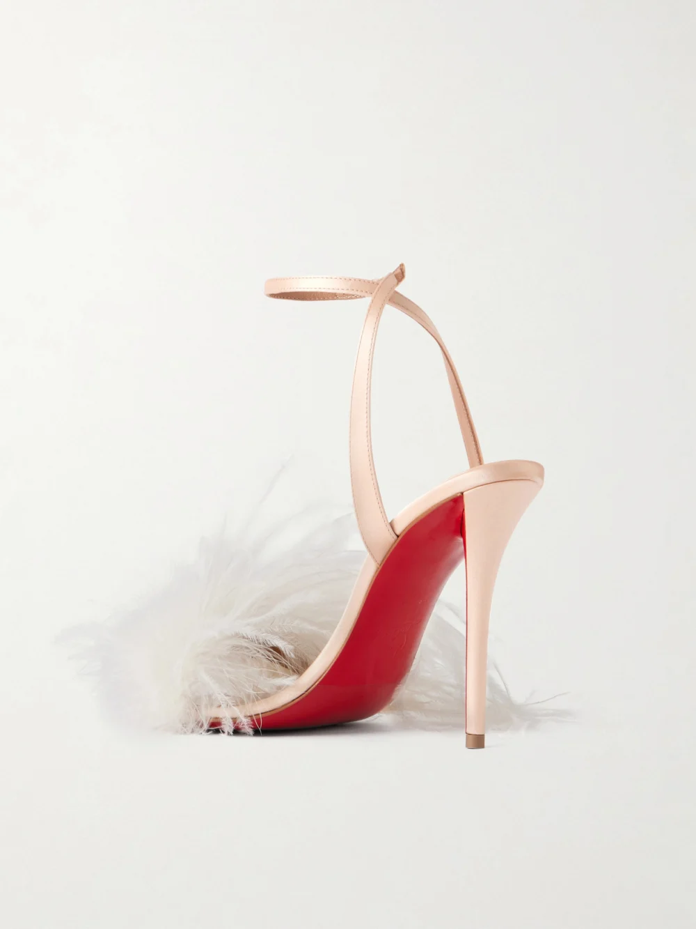 Back view of the Christian Louboutin Miss Z Poupi 100 Feather-embellished Satin Sandals
