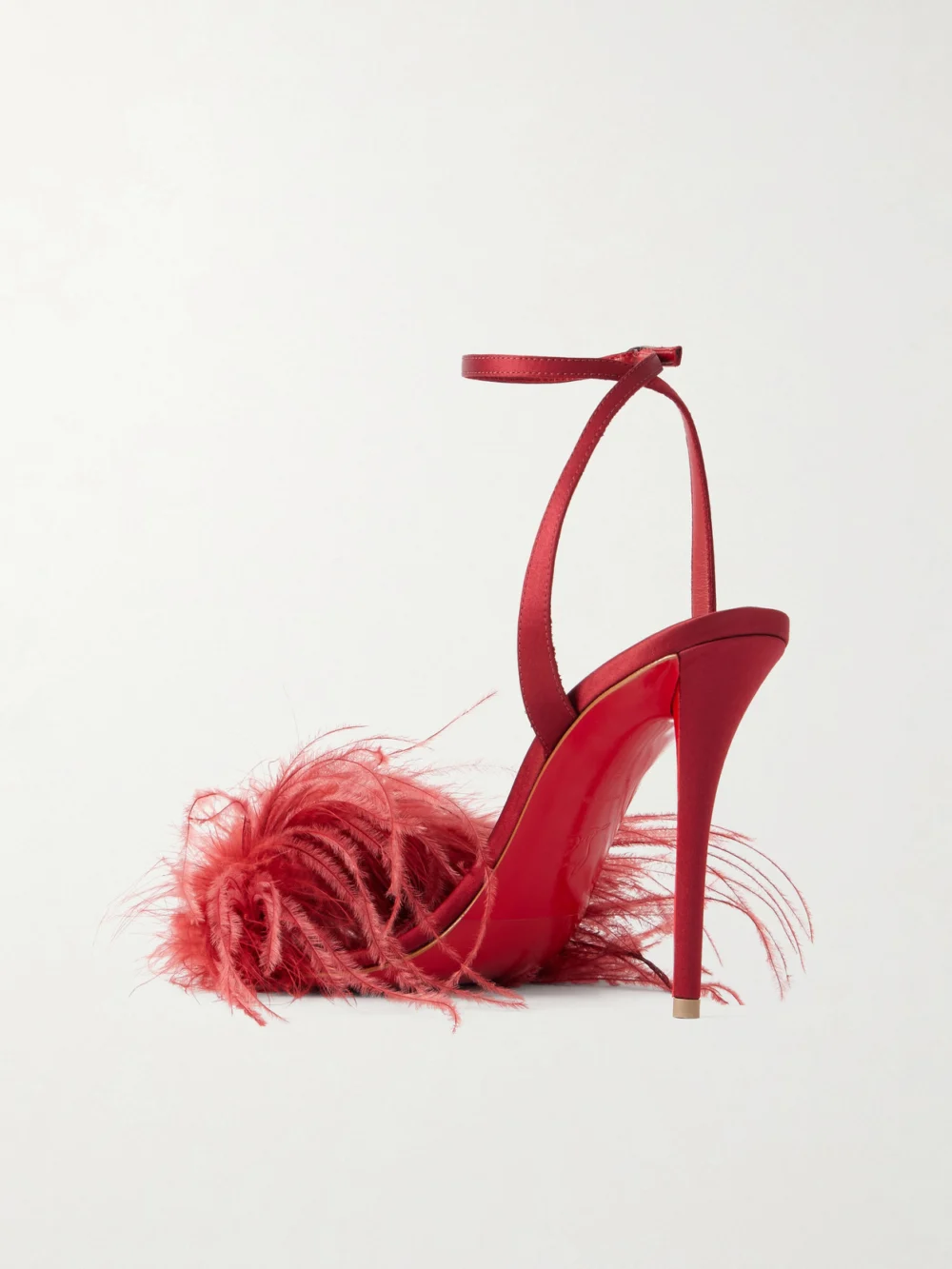 Back view of the Christian Louboutin Miss Z Poupi 100 Feather-embellished Satin Sandals