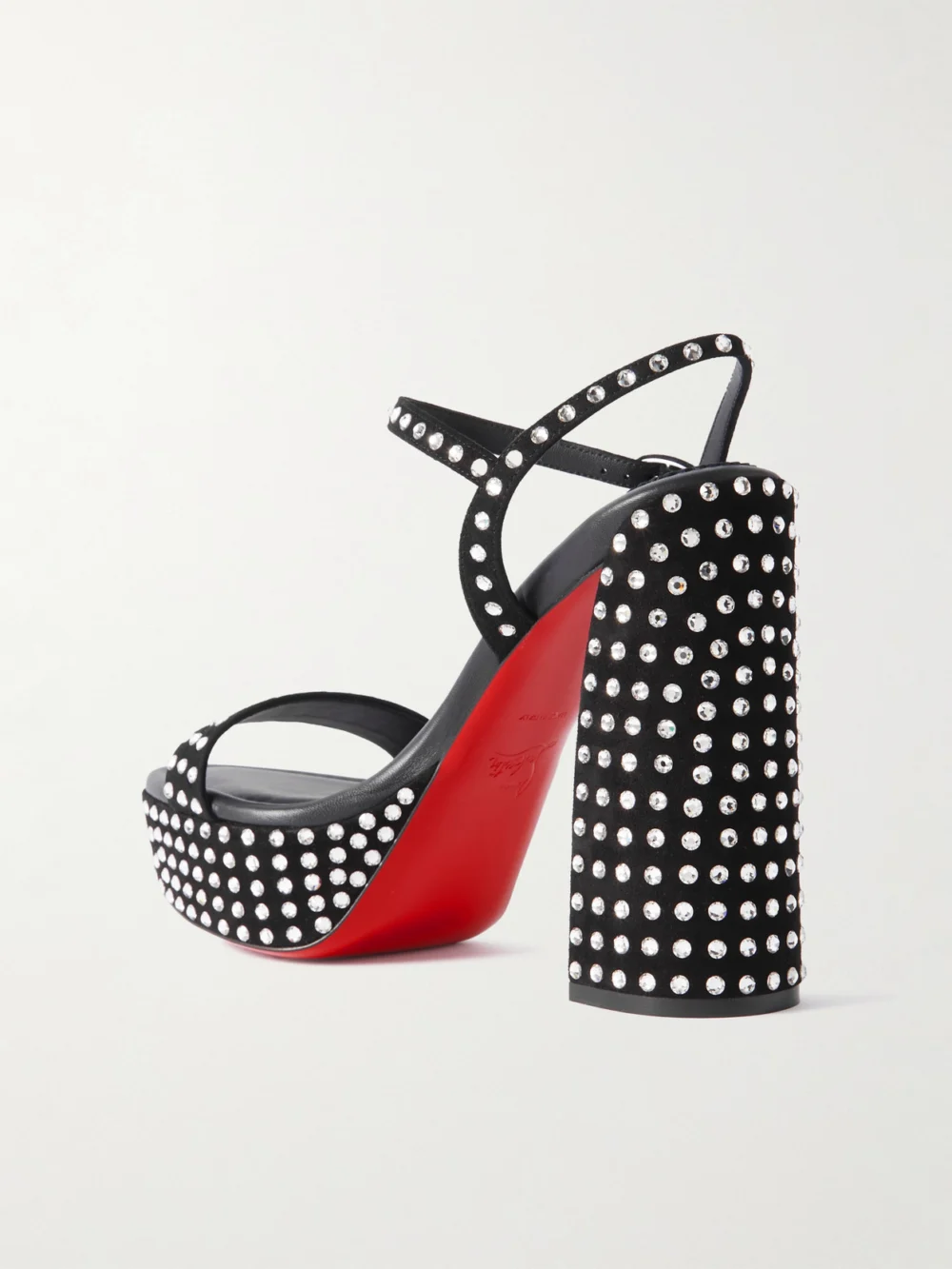 Back view of the Christian Louboutin Movida Jane 130 Crystal-embellished Suede Platform Sandals