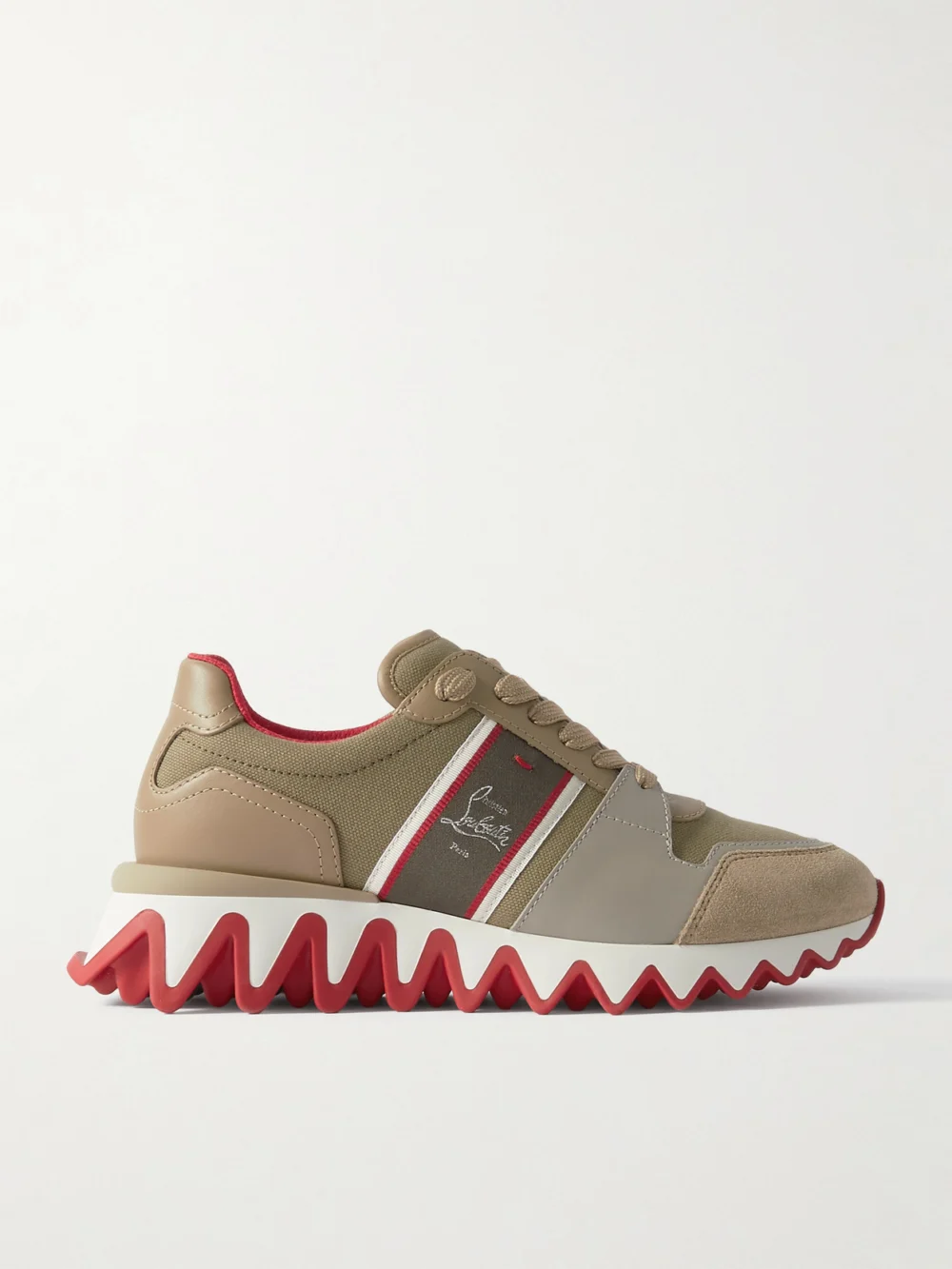 Christian Louboutin Nastroshark 40 Embroidered Grosgrain-trimmed Suede, Canvas and Leather Sneakers in army green