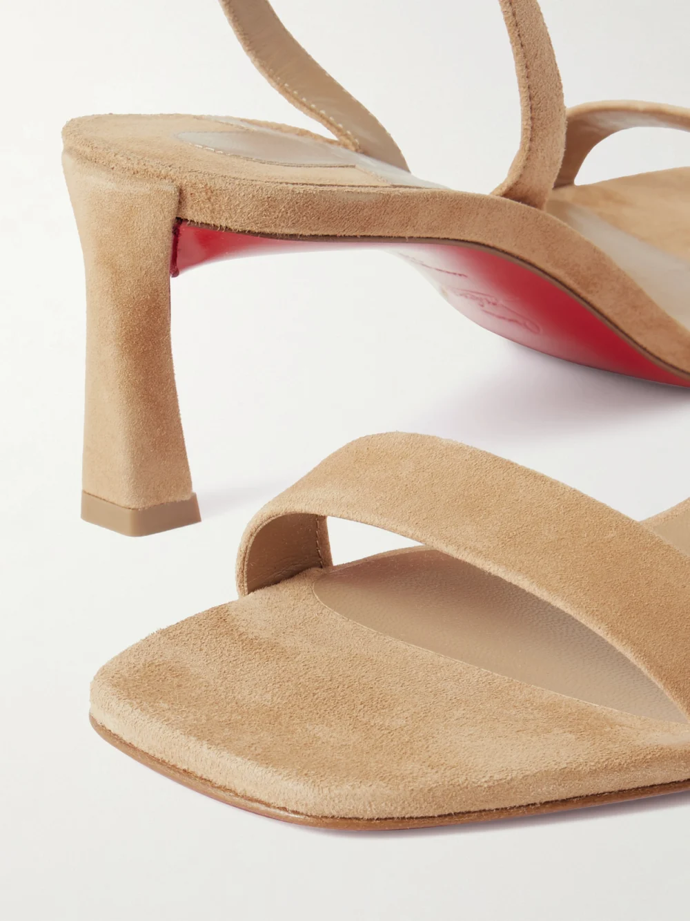 Close-up detail of the Christian Louboutin O Condora 55 Suede Slingback Sandals