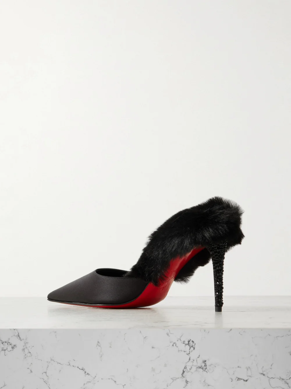 Back view of the Christian Louboutin Plush-trimmed Satin Mules