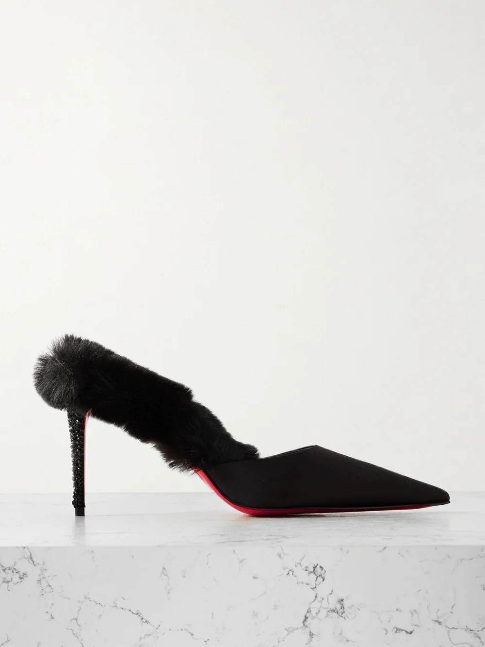Christian Louboutin Plush-trimmed Satin Mules in black