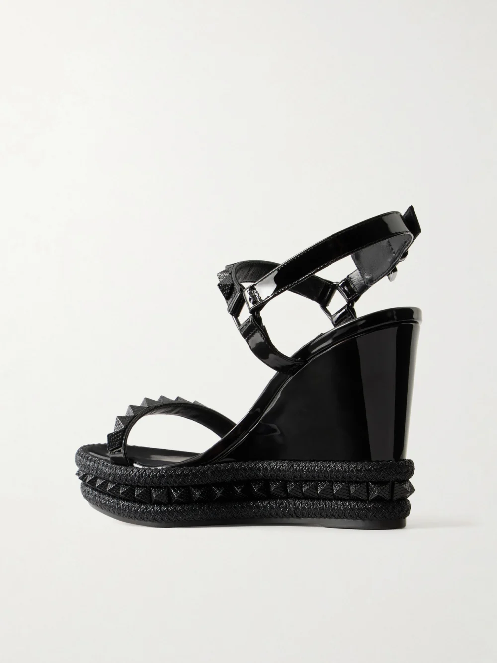 Back view of the Christian Louboutin Pyraclou 110 Studded Leather Wedge Sandals