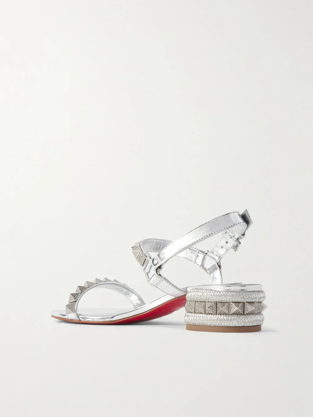 Back view of the Christian Louboutin Pyrasand 30 Studded Mirrored-leather Sandals