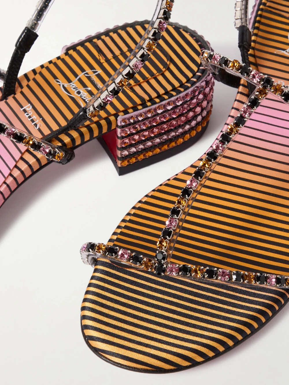 Close-up detail of the Christian Louboutin Queenie Crystal-embellished Pvc and Leather Sandals