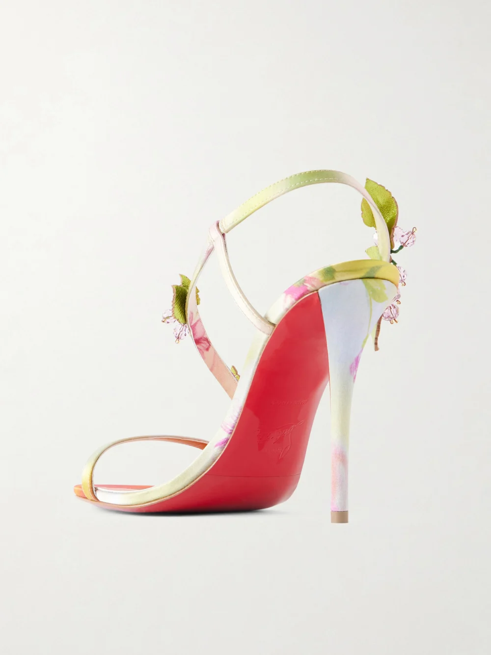 Back view of the Christian Louboutin Rosa Fruit 100 Embellished Leather-trimmed Satin Sandals