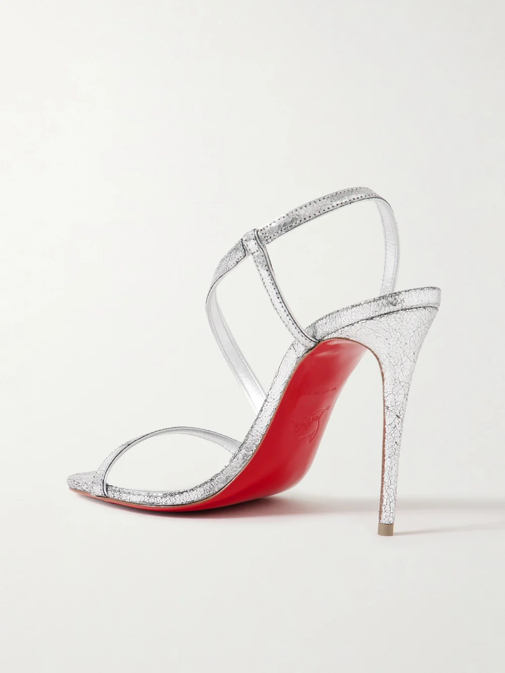 Back view of the Christian Louboutin Rosalie 100 Metallic Cracked-leather Slingback Sandals