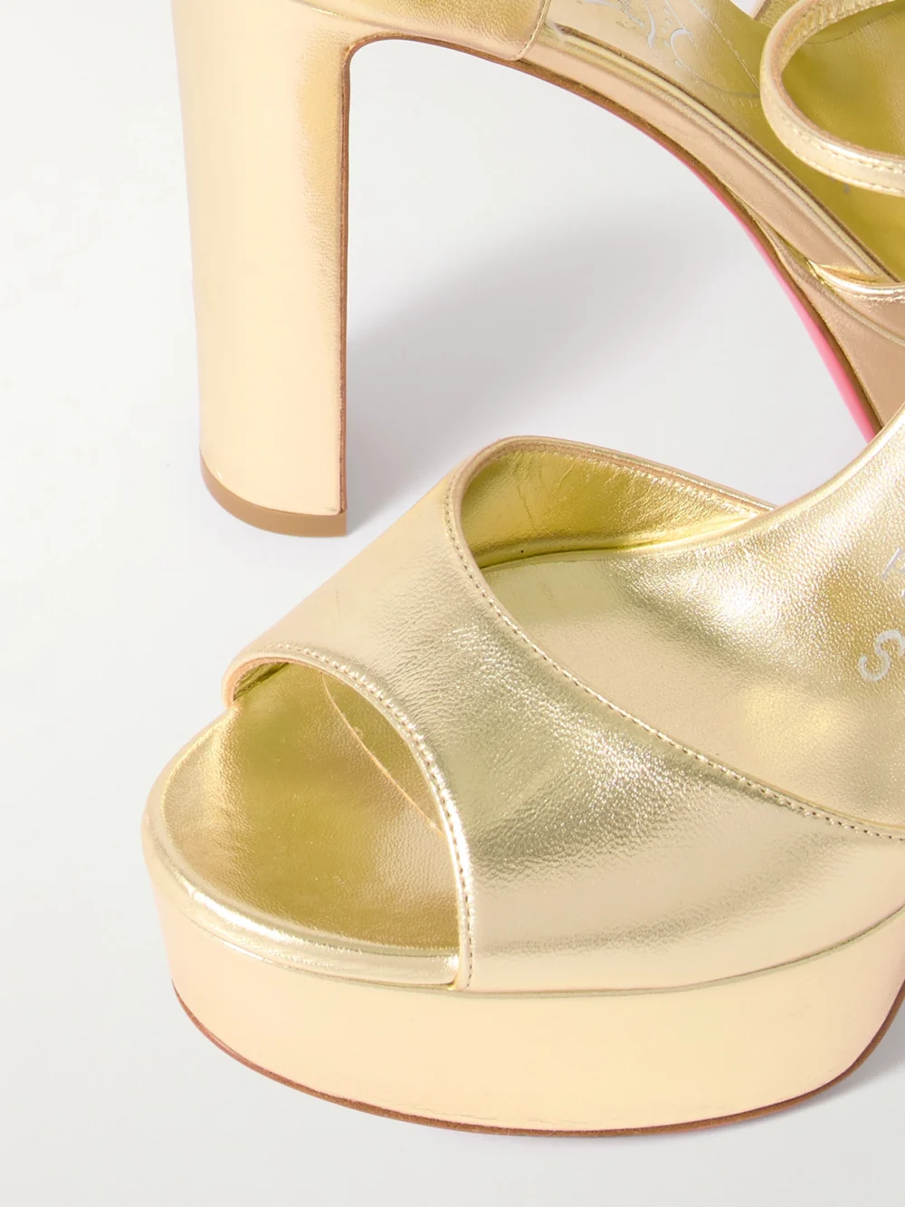 Close-up detail of the Christian Louboutin Sandaloo 130 Mirrored-leather Platform Sandals