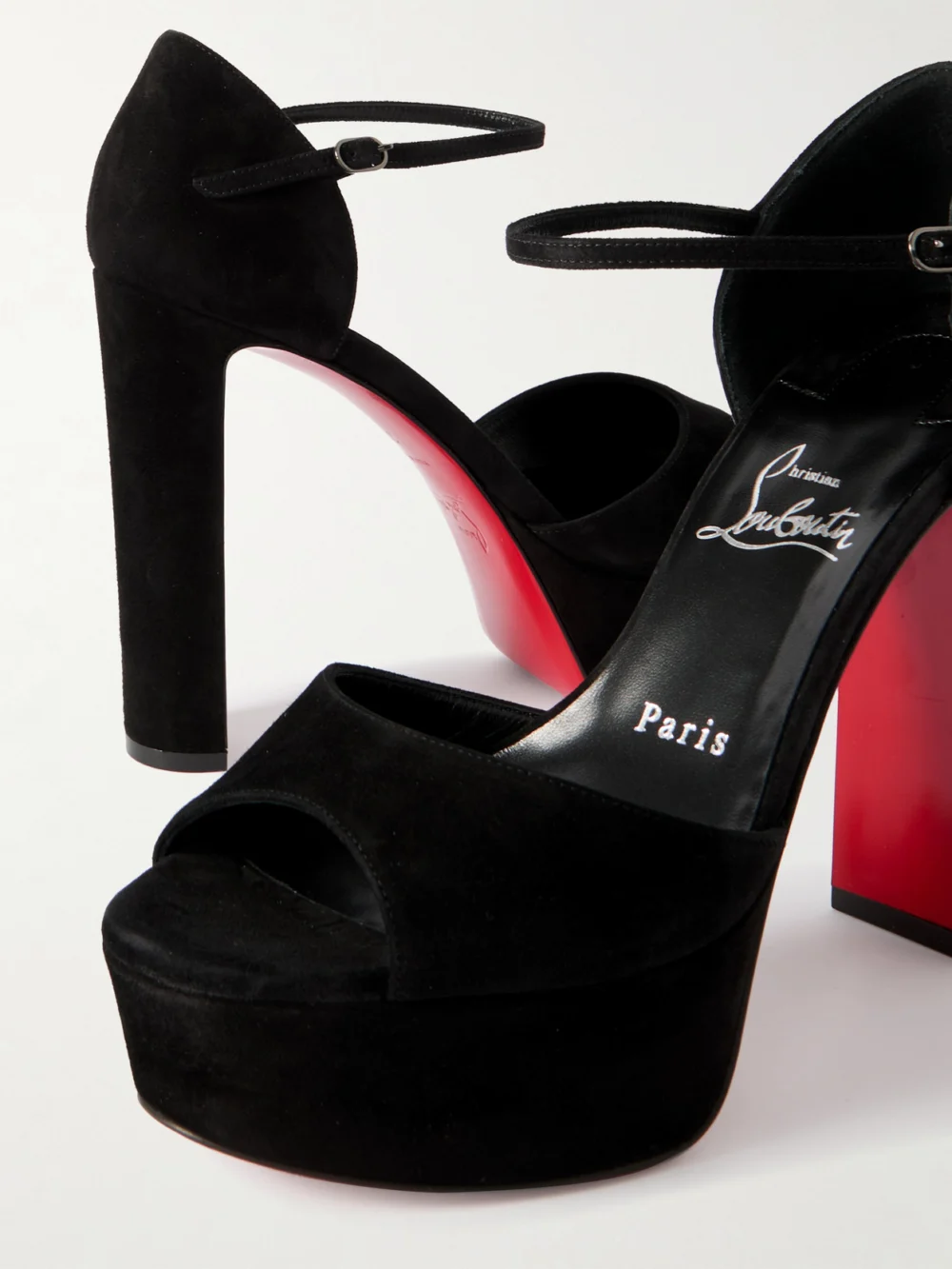 Close-up detail of the Christian Louboutin Sandaloo Suede Sandals