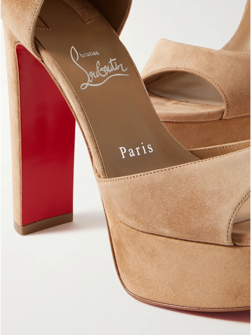 Close-up detail of the Christian Louboutin Sandaloo Suede Sandals