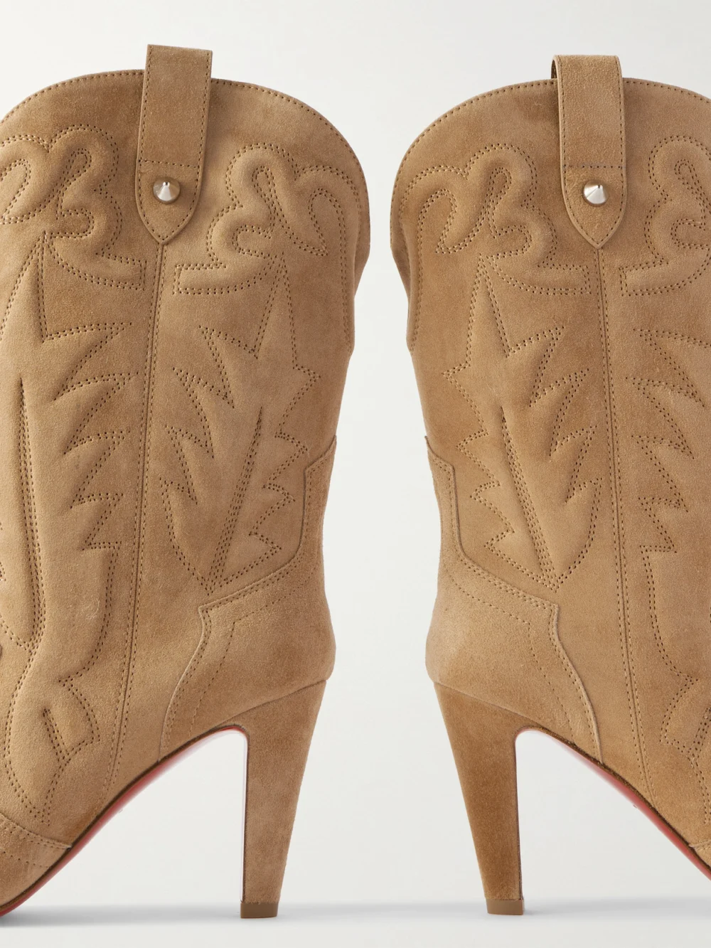 Close-up detail of the Christian Louboutin Santiabooty 85 Suede Knee Boots