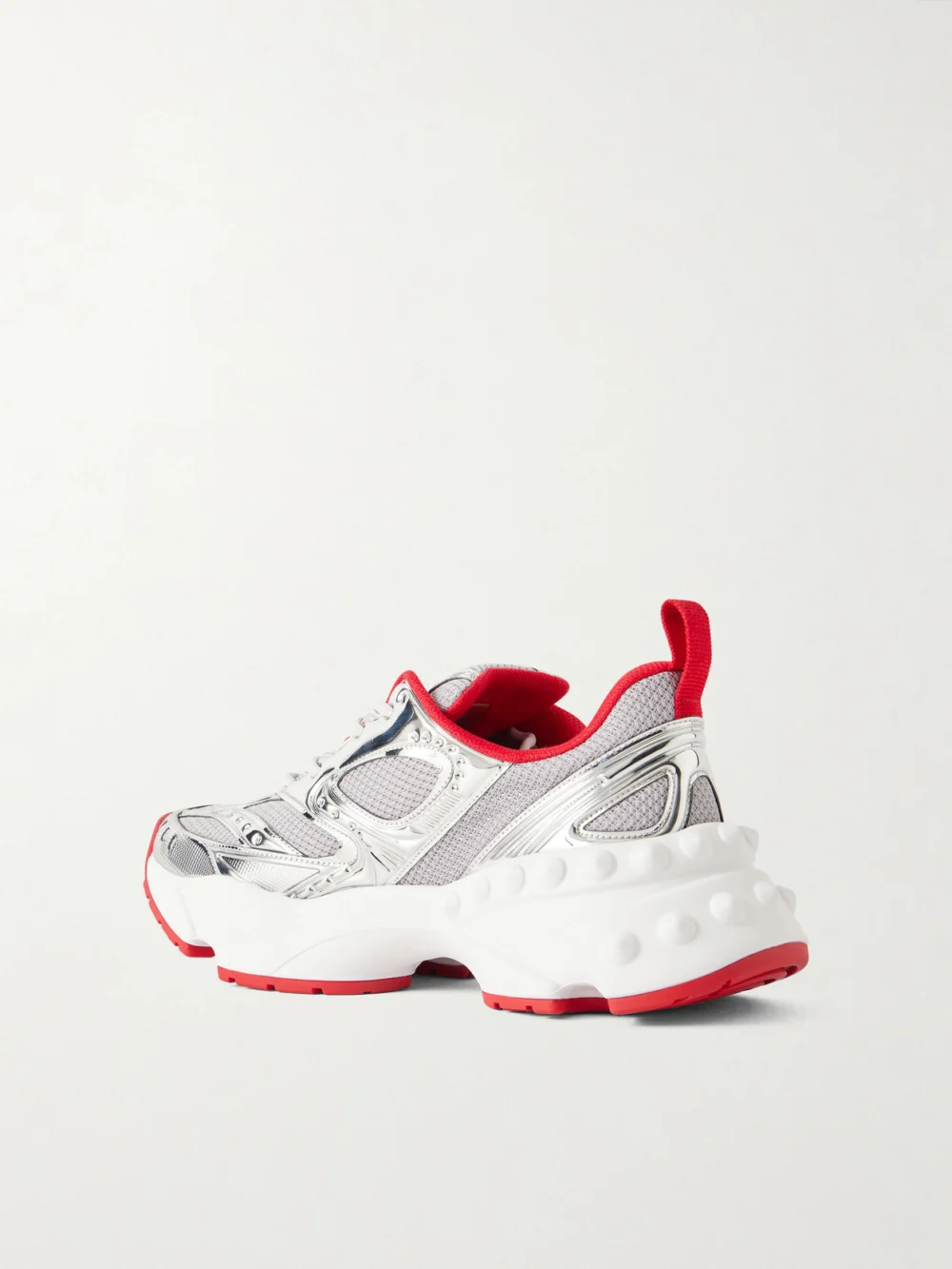 Back view of the Christian Louboutin So Flo Metallic Leather-trimmed Mesh Sneakers