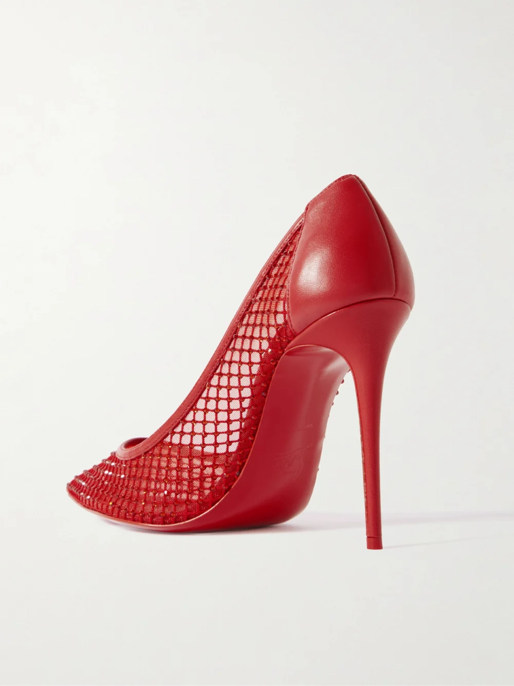 Back view of the Christian Louboutin Sporty Kate 100 Crystal-embellished Leather-trimmed Mesh Pumps