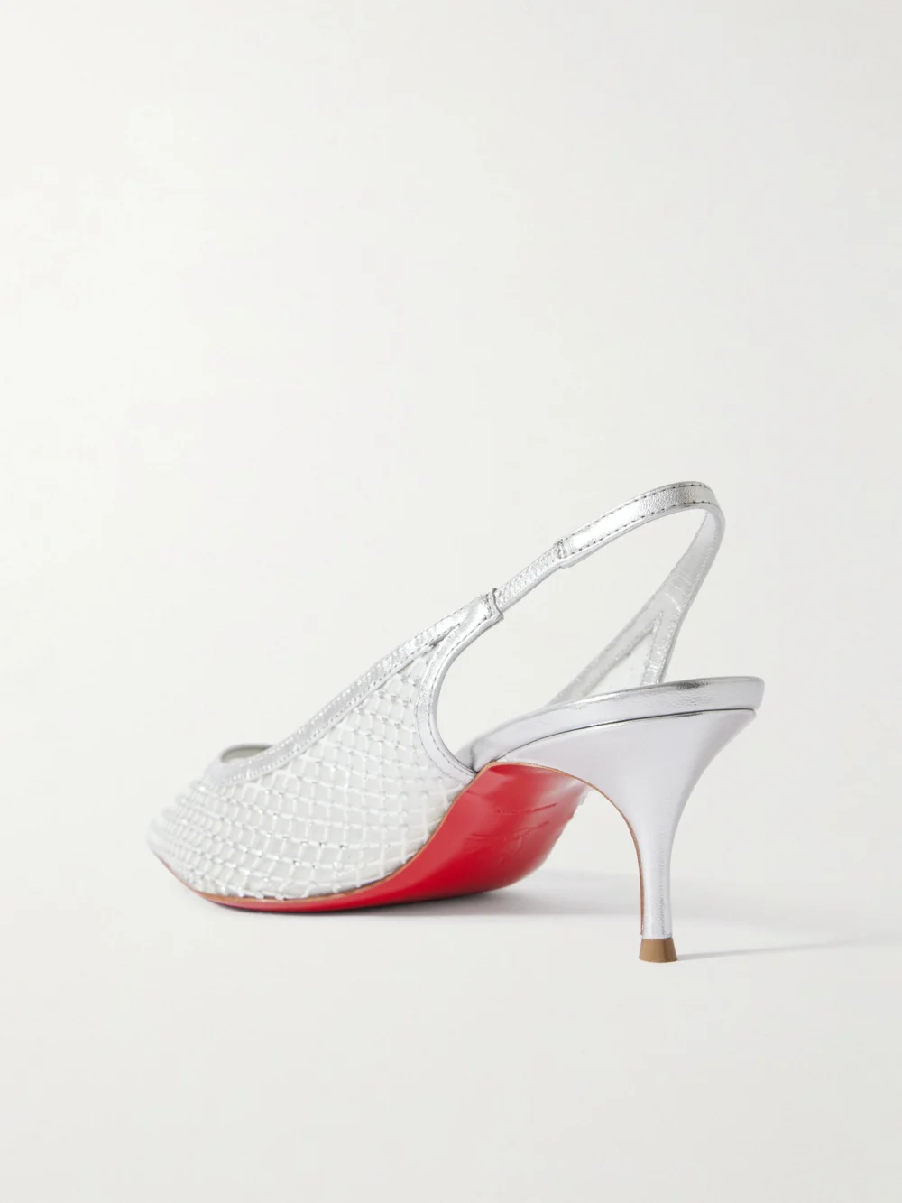 Back view of the Christian Louboutin Sporty Kate 55 Crystal-embellished Leather-trimmed Mesh Slingback Pumps