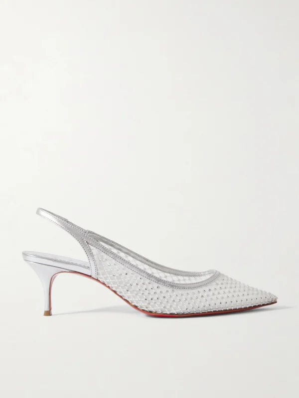 Christian Louboutin Sporty Kate 55 Crystal-embellished Leather-trimmed Mesh Slingback Pumps