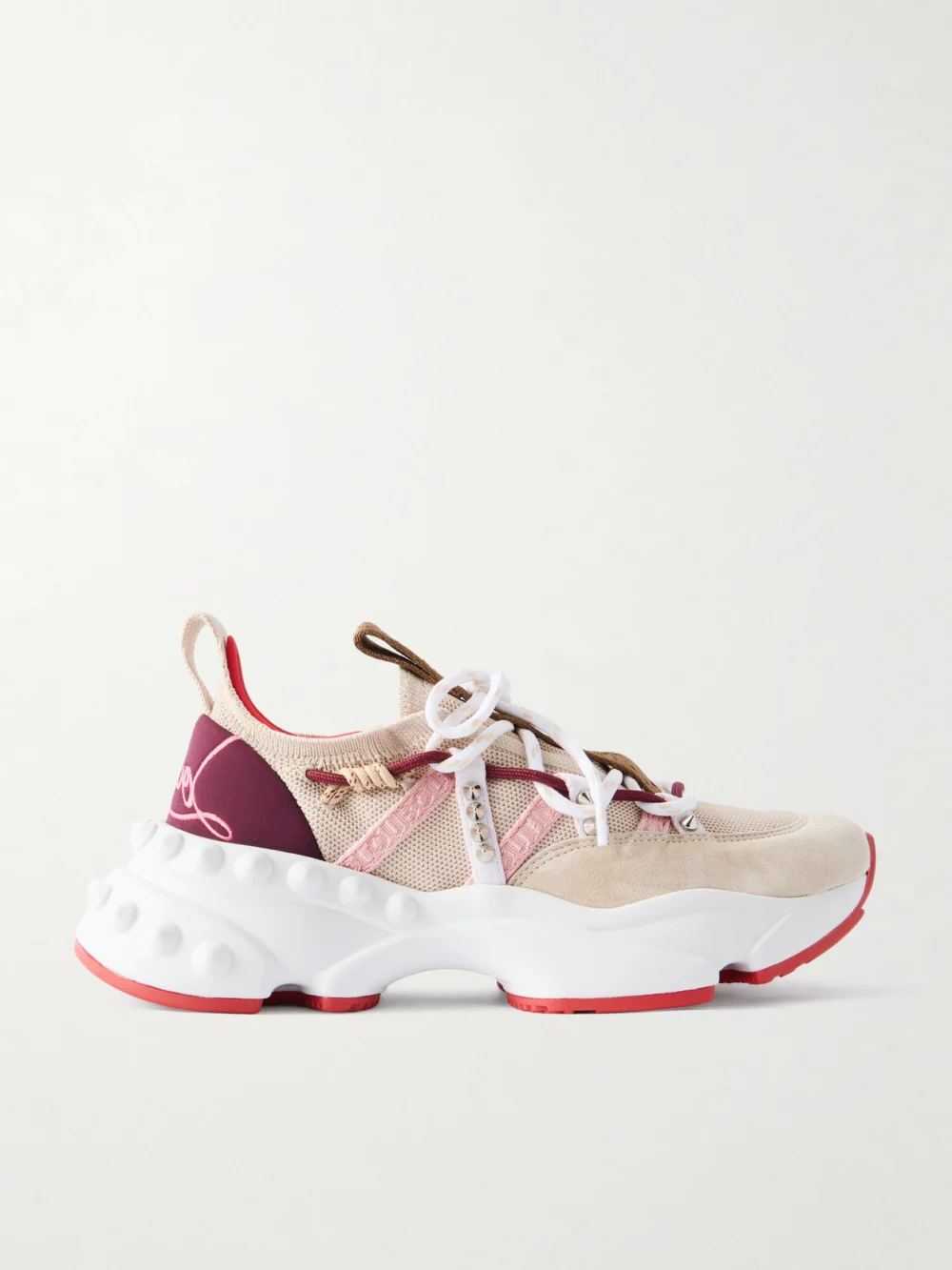 Christian Louboutin Trailnrun Studded Embroidered Velour and Suede-trimmed Stretch-knit Sneakers in beige