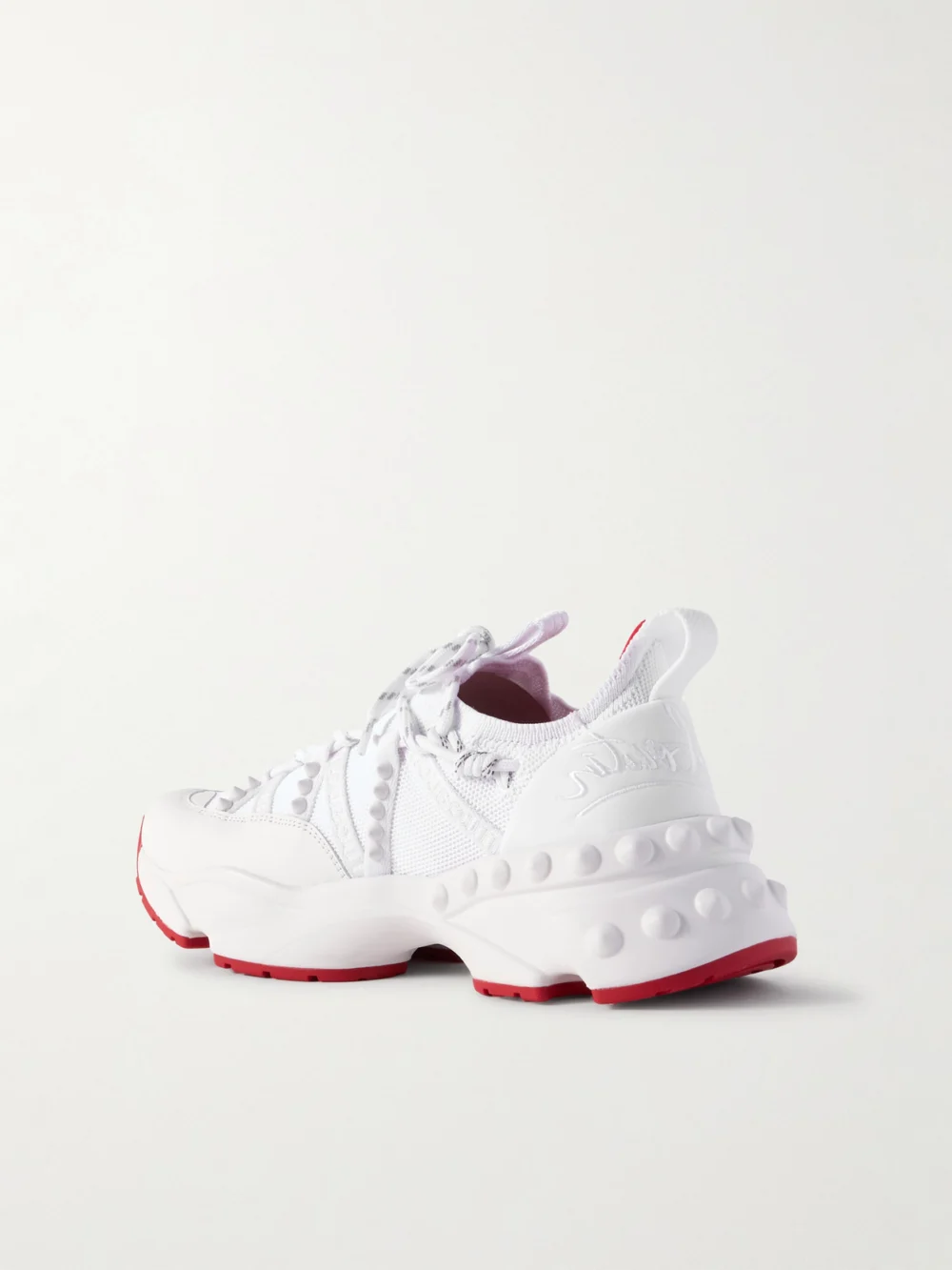 Back view of the Christian Louboutin Trailrun Studded Mesh, Leather and Neoprene Sneakers