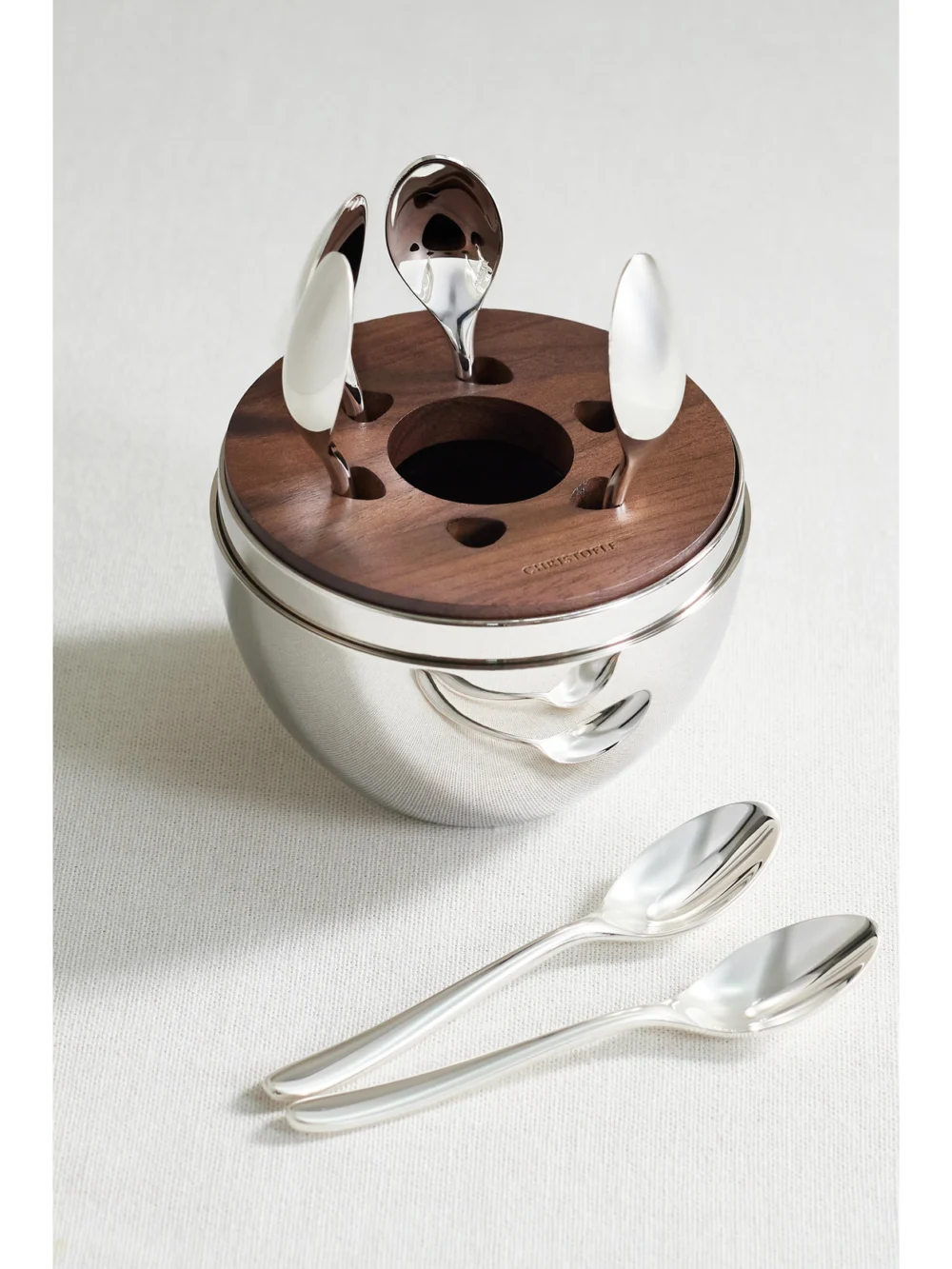 Close-up detail of the Christofle Mood Coffee Set of Six Silver-plated Espresso Spoons with Chest