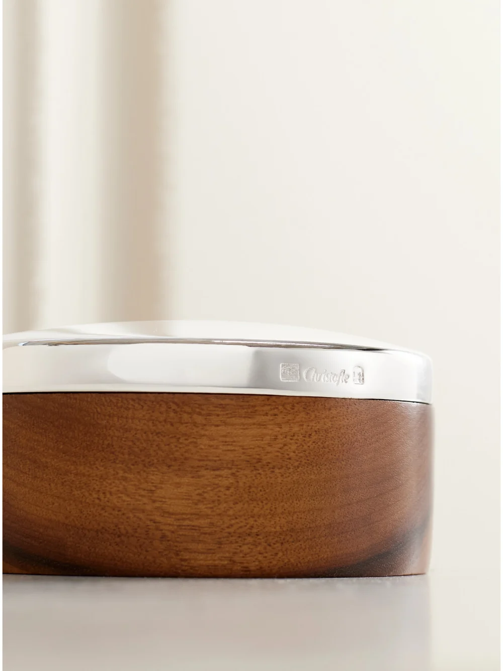 Close-up detail of the Christofle Uni Small Wood and Silver-plated Box