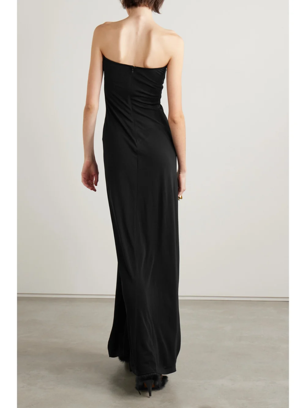 Back view of the Christopher Esber Arced Palm Strapless Gathered Jersey Maxi Dress