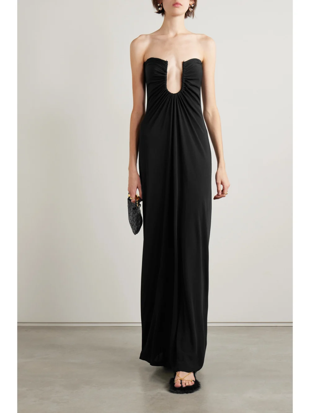 Christopher Esber Arced Palm Strapless Gathered Jersey Maxi Dress, worn by a model