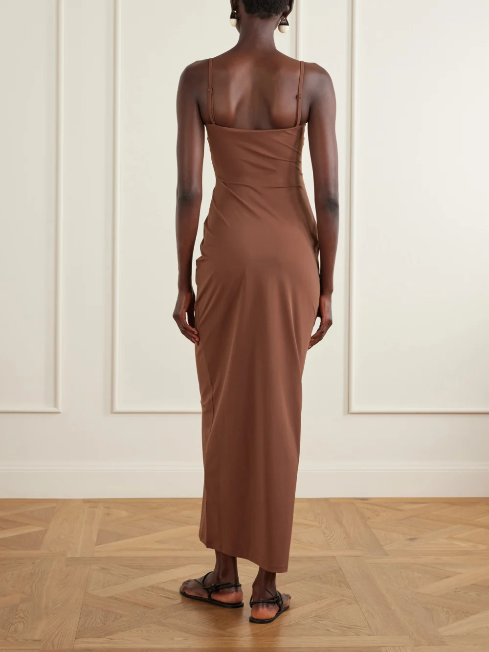 Back view of the Christopher Esber Arced Ruched Satin Maxi Dress
