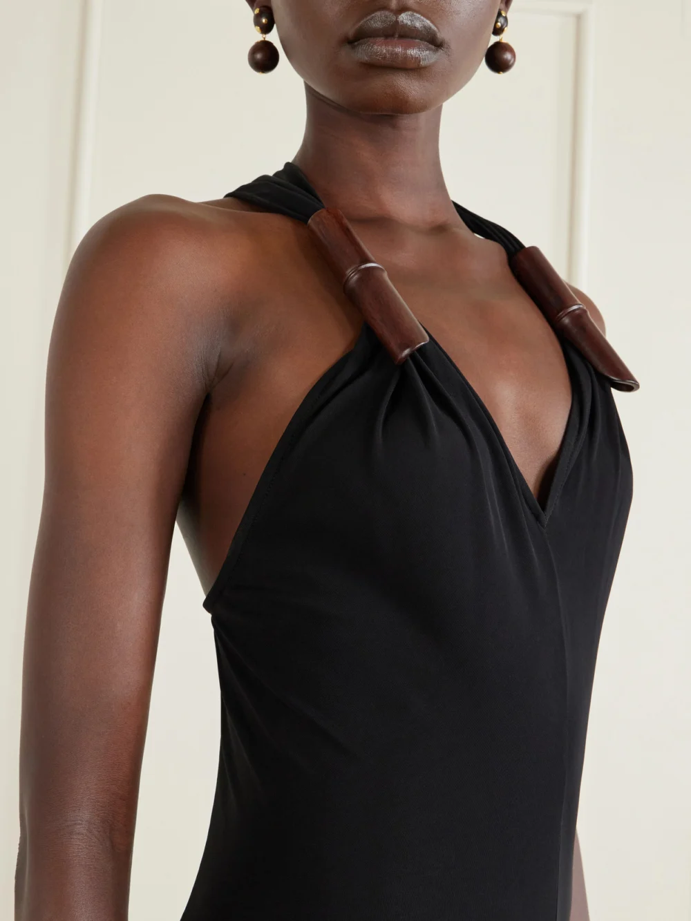 Close-up detail of the Christopher Esber Chime Wood-embellished Jersey Maxi Dress