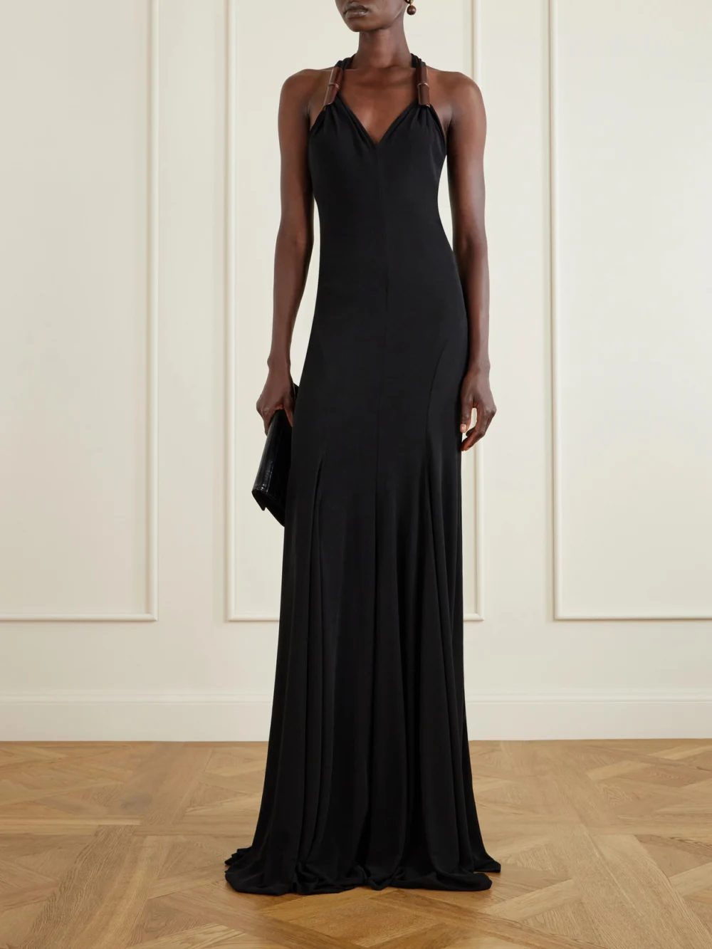 Christopher Esber Chime Wood-embellished Jersey Maxi Dress, worn by a model