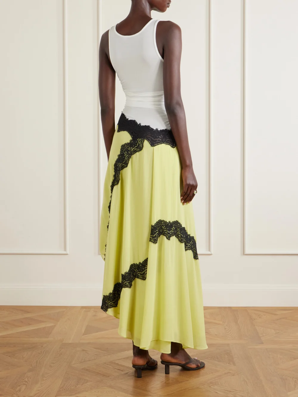 Back view of the Christopher Esber Cutaway Asymmetric Lace-trimmed Ruched Stretch-jersey and Crepe Dress
