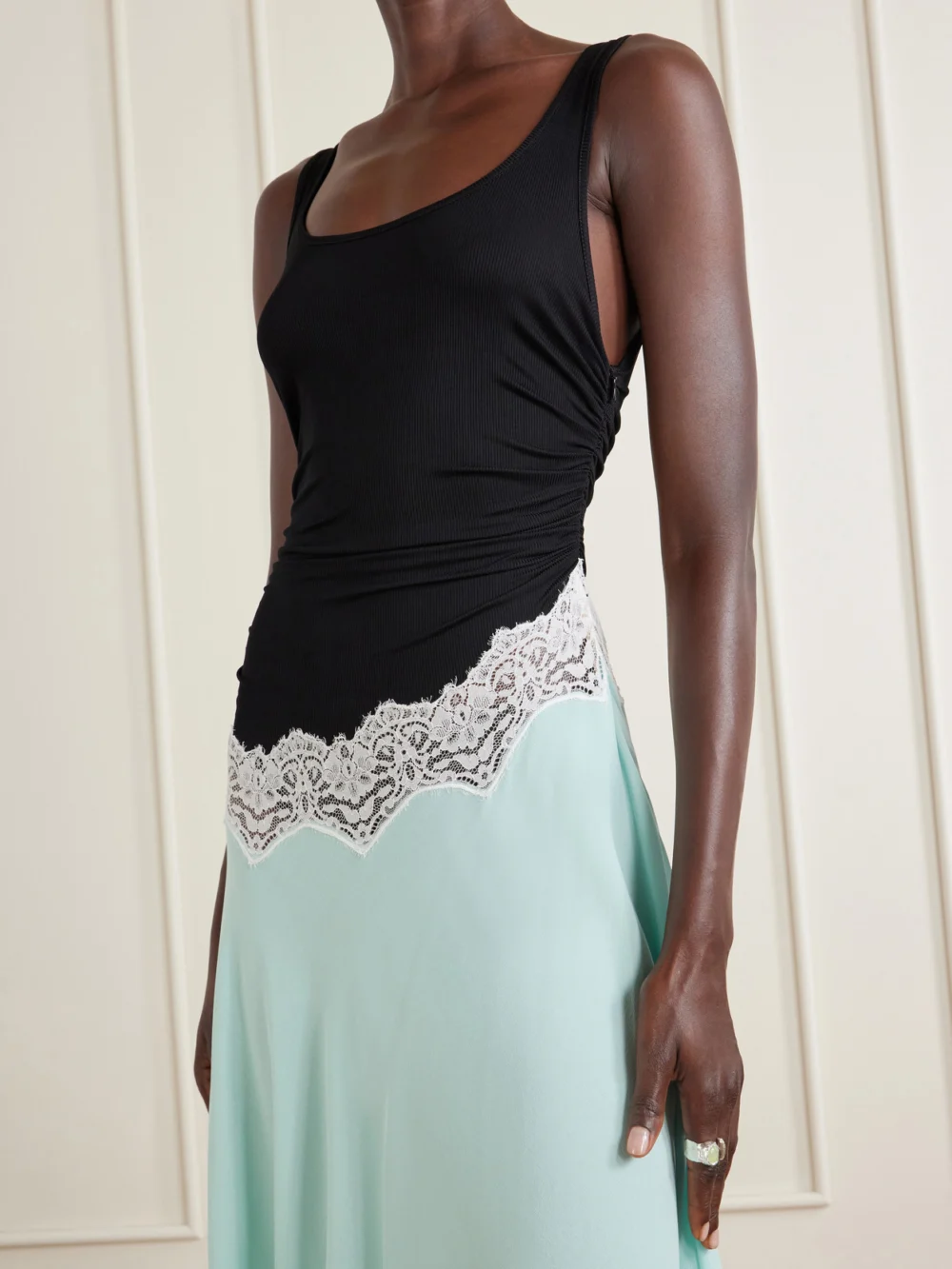 Close-up detail of the Christopher Esber Cutaway Asymmetric Lace-trimmed Ruched Stretch-jersey and Crepe Dress
